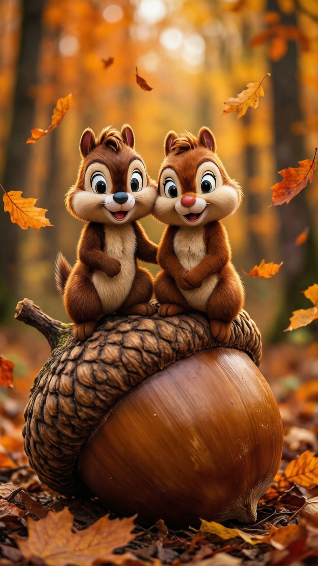 Autumn Acorn Gathering 壁紙 — 兩隻卡通花栗鼠有大眼睛，坐在一個巨大的橡果上，秋天的樹葉在森林中圍繞它們旋轉。