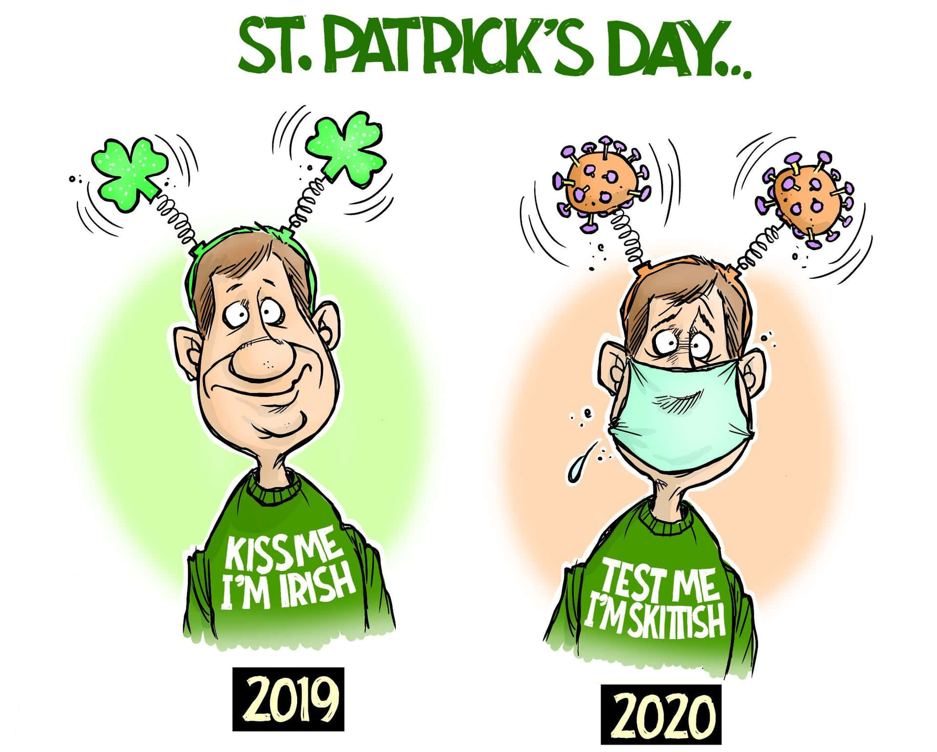 卡通比較2019年聖派翠克節（三葉草）與2020年（病毒顆粒和口罩）。 — Meme 壁紙