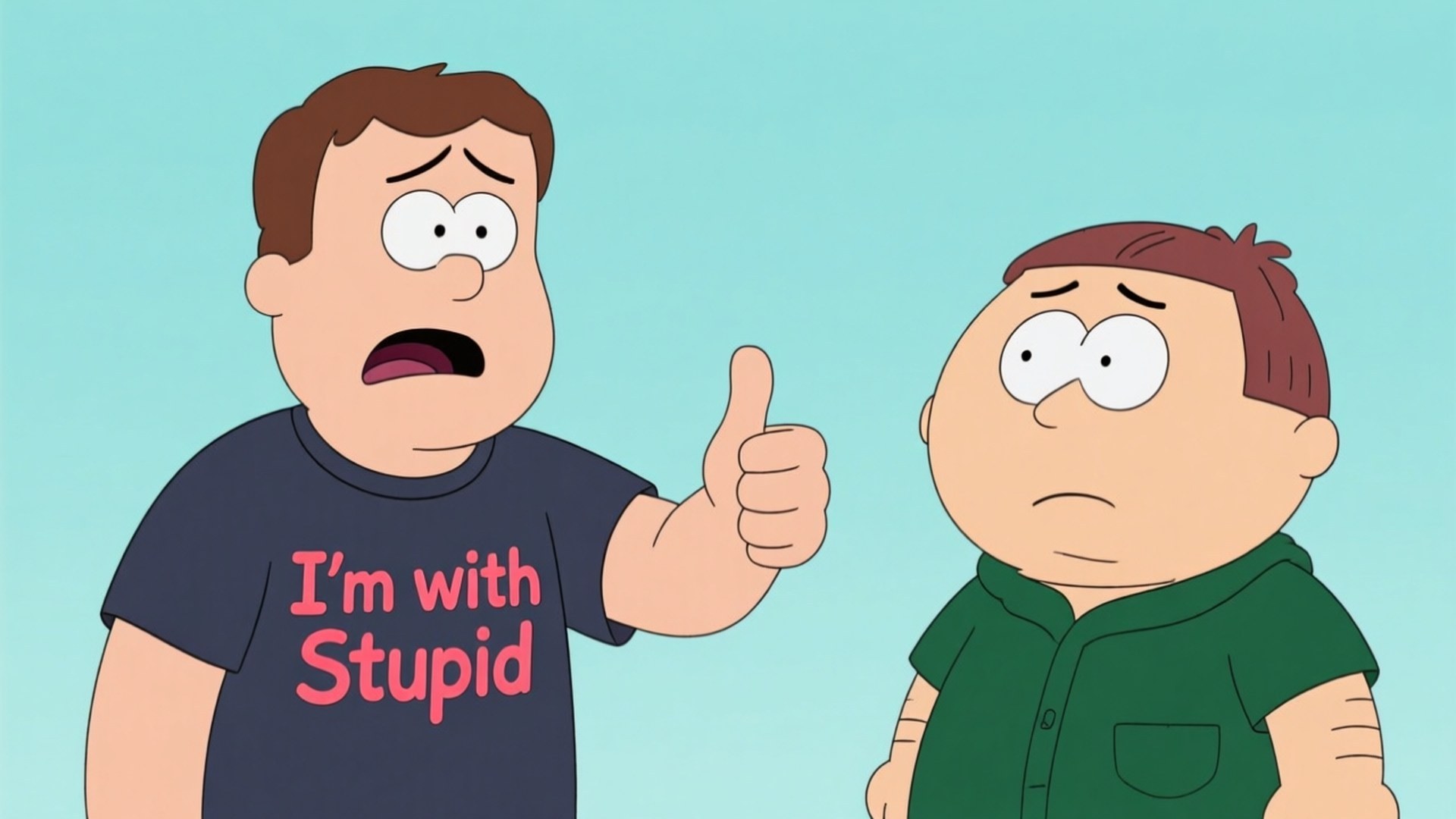 I'm with Stupid 壁紙 — 兩個卡通男人，一個穿著深色襯衫帶有粉紅色文字豎起大拇指，另一個穿著綠色襯衫看起來不耐煩，背景為淺藍色。