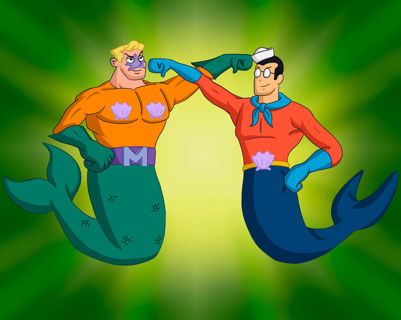  壁紙 — 兩個卡通男美人魚穿著色彩繽紛的服裝，在耀眼的綠色和黃色背景前碰拳。