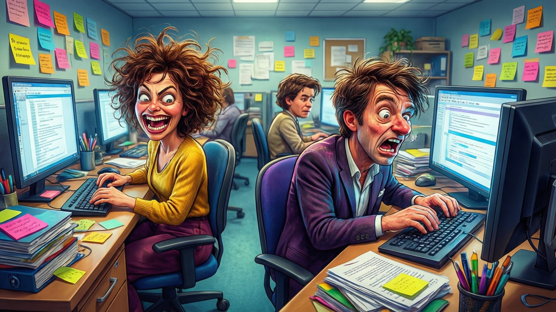 Cartoon Office Hustle 壁紙 — 兩個卡通辦公室職員頭髮凌亂，在貼滿便利貼和堆滿文件的電腦前瘋狂打字並尖叫。