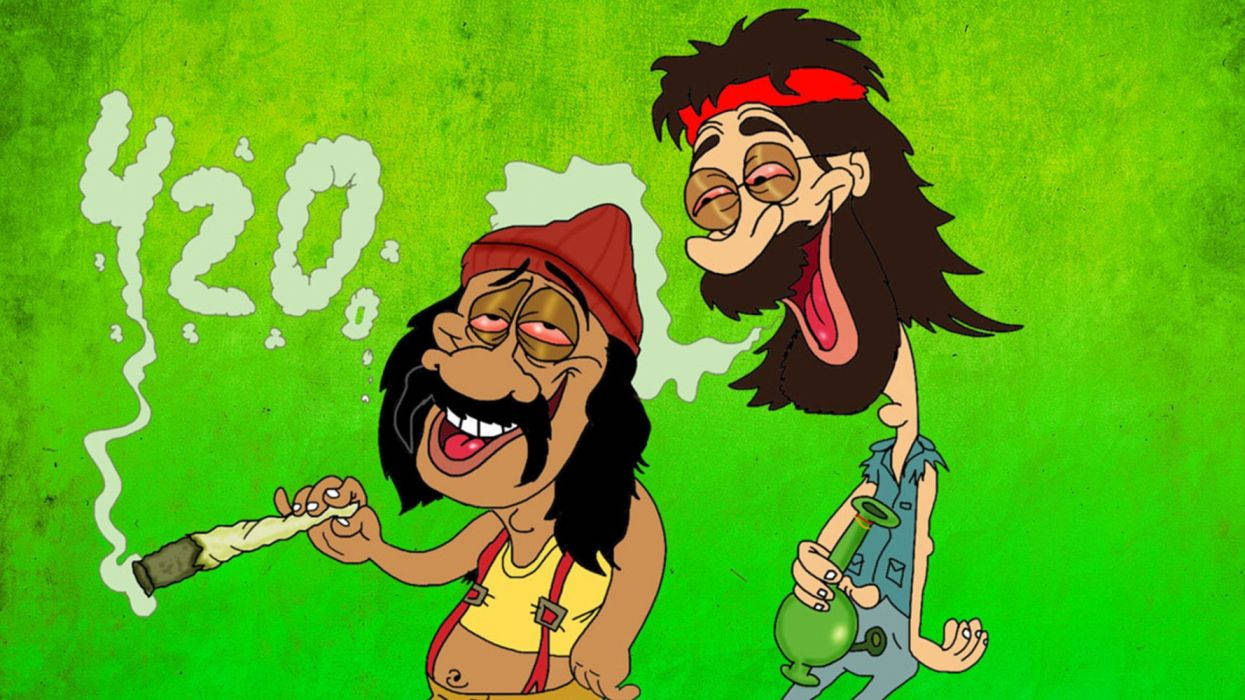 兩個卡通角色吸食大麻並大笑，帶有「420」煙霧。 — 搞笑 壁紙