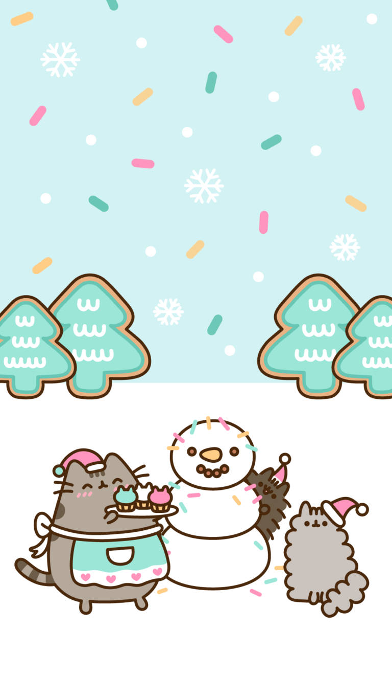 兩隻戴聖誕帽的貓咪與雪人及杯子蛋糕在飄雪和彩色糖粒下慶祝。 — 可愛風格 壁紙