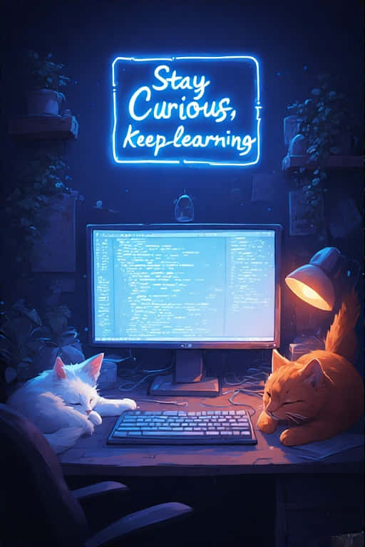 兩隻貓在桌子上睡覺，桌子上有電腦和寫著 stay curious keep learning 的霓虹燈牌 — 8K 壁紙