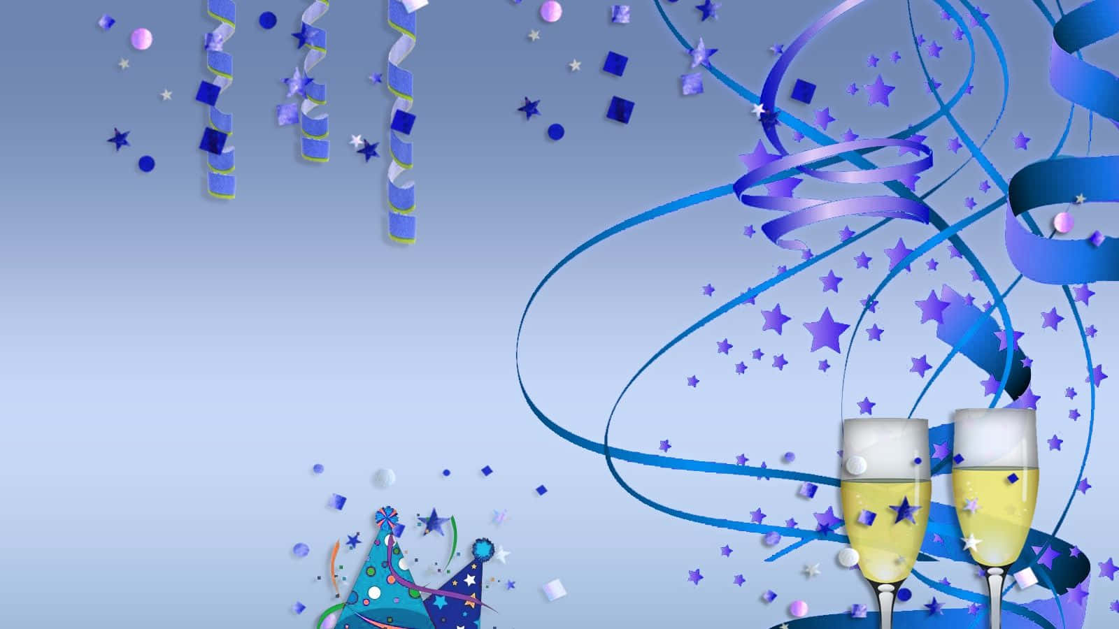 Cheerful 桌布 壁紙 — 兩隻香檳杯在旋轉的藍色絲帶和星星紙屑中閃閃發光，背景為漸變藍色。