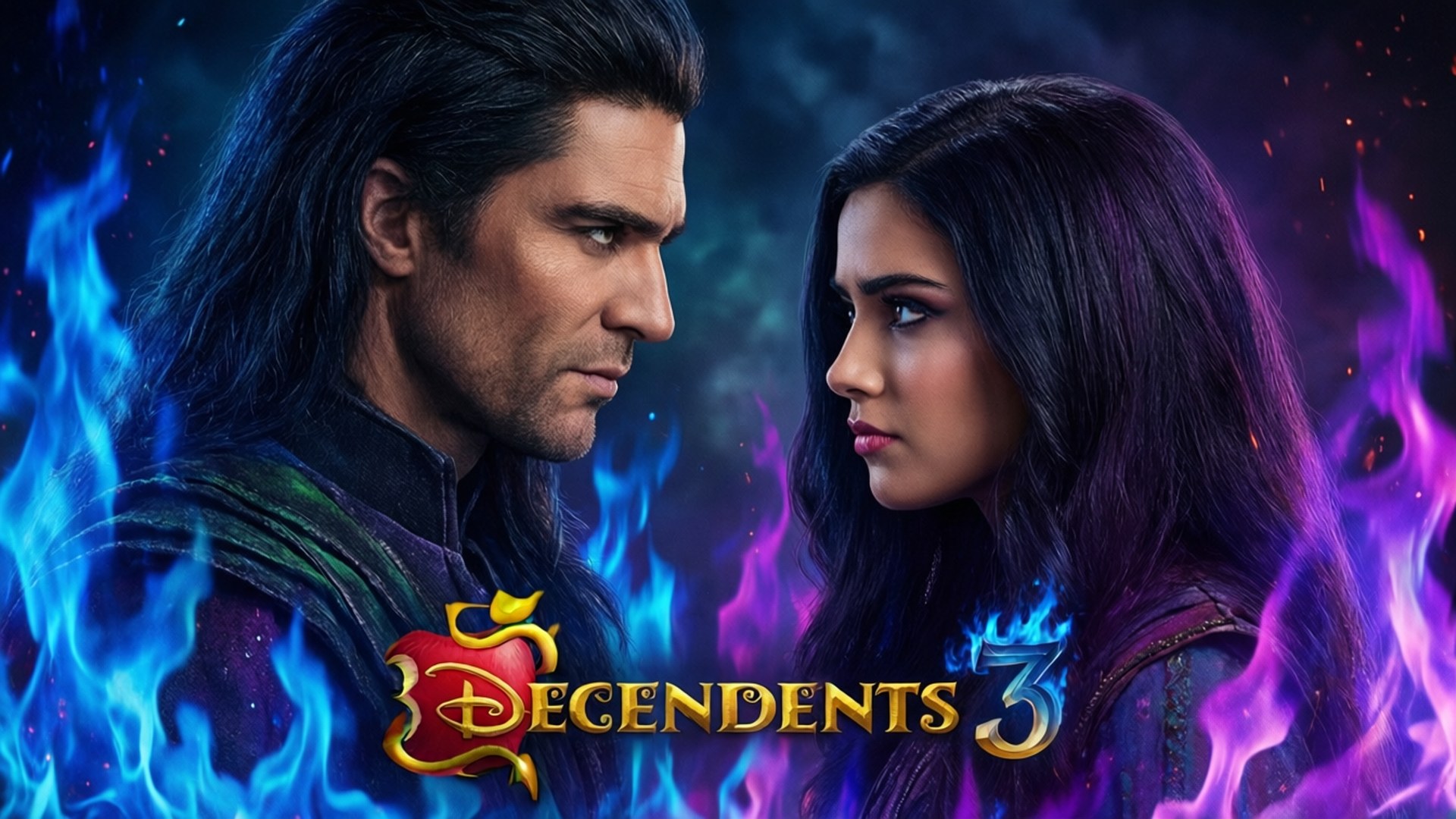 Father and Daughter 壁紙 — 兩個角色在旋轉的藍色和紫色火焰中面對面，下方中央有「Descendants 3」標誌。