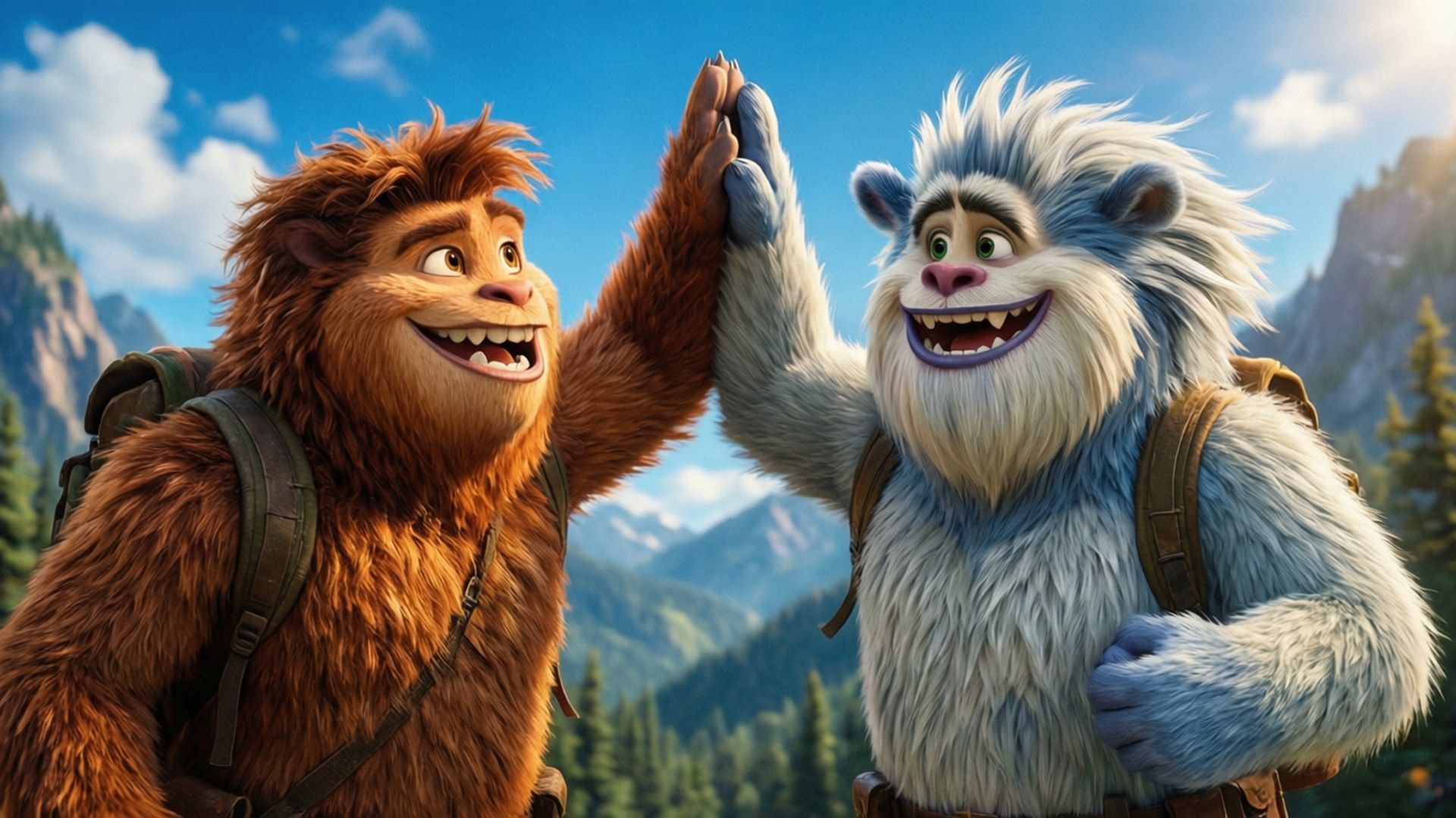 Victory High-Five 壁紙 — 兩個快樂的動畫大腳怪朋友在明亮的藍天下，在一個多山的森林前擊掌。