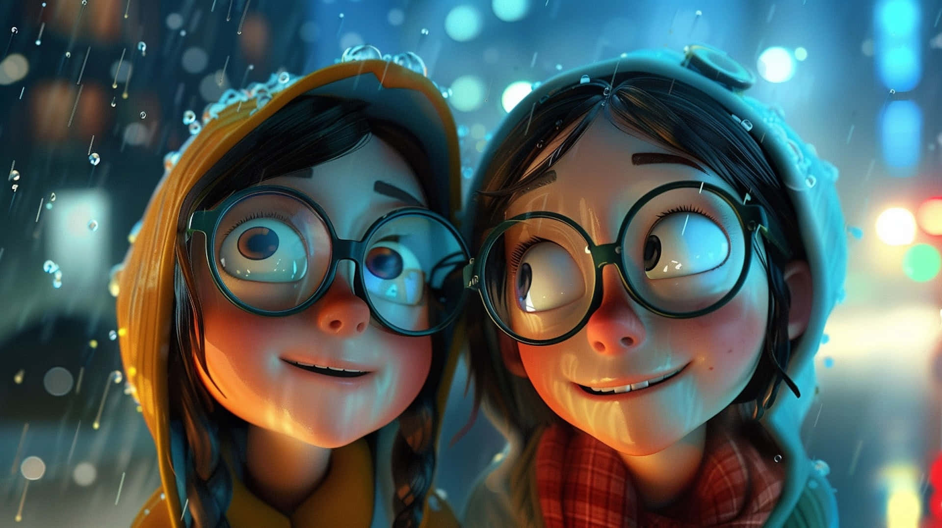  壁紙 — 兩個戴眼鏡的開心動畫女孩在夜晚被雨水浸透的城市燈光下溫暖地微笑。