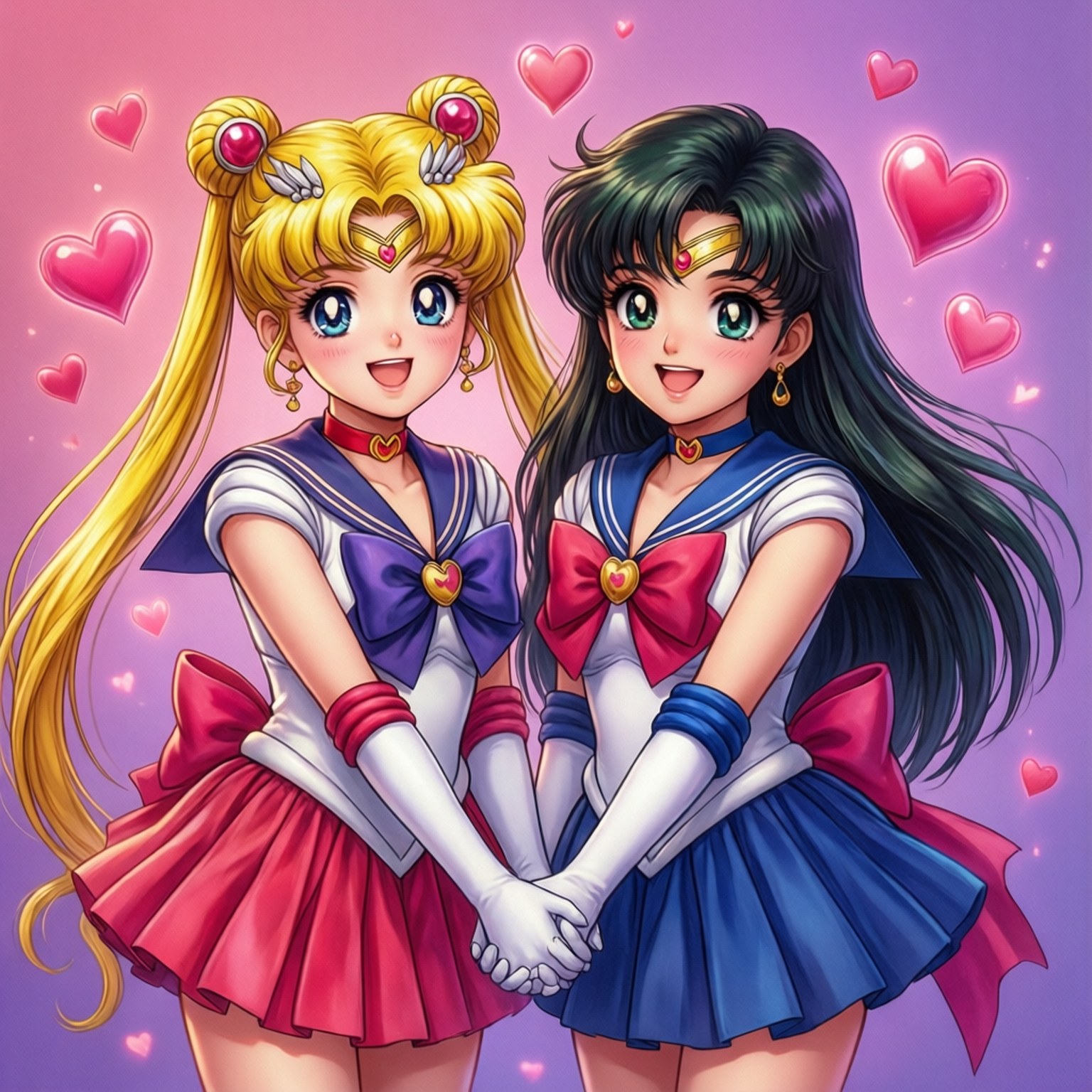 Moon Duo Friendship 壁紙 — 兩個穿著水手服的開心動畫女孩在充滿漂浮心形的粉紅紫色背景前牽著手。