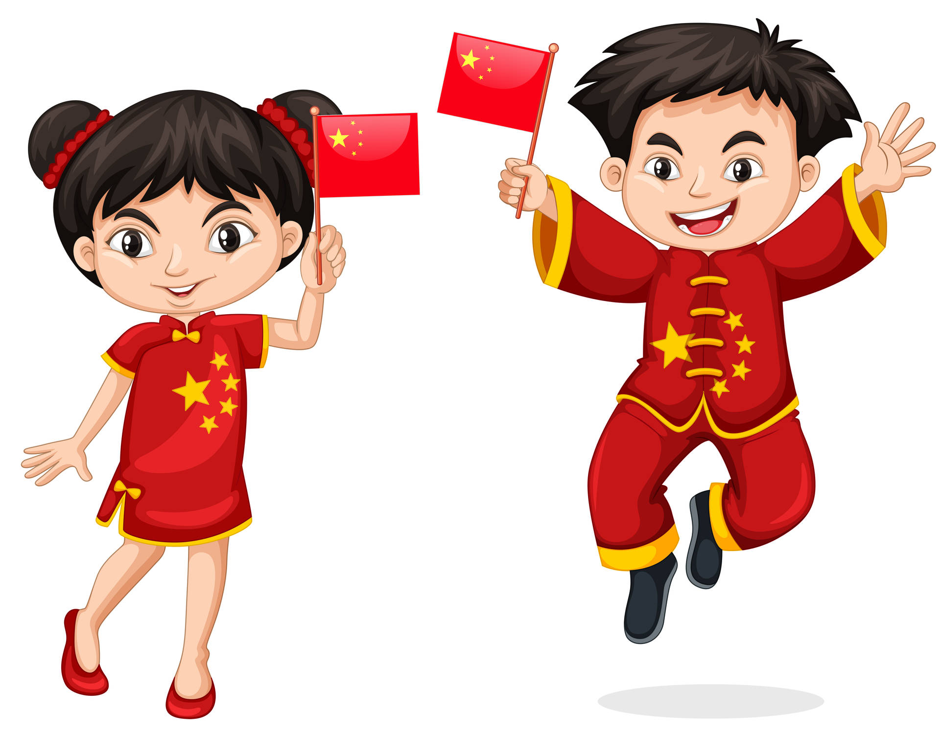 兩個穿著紅色服裝的快樂小孩揮舞著中國國旗。 — 中國國旗 壁紙