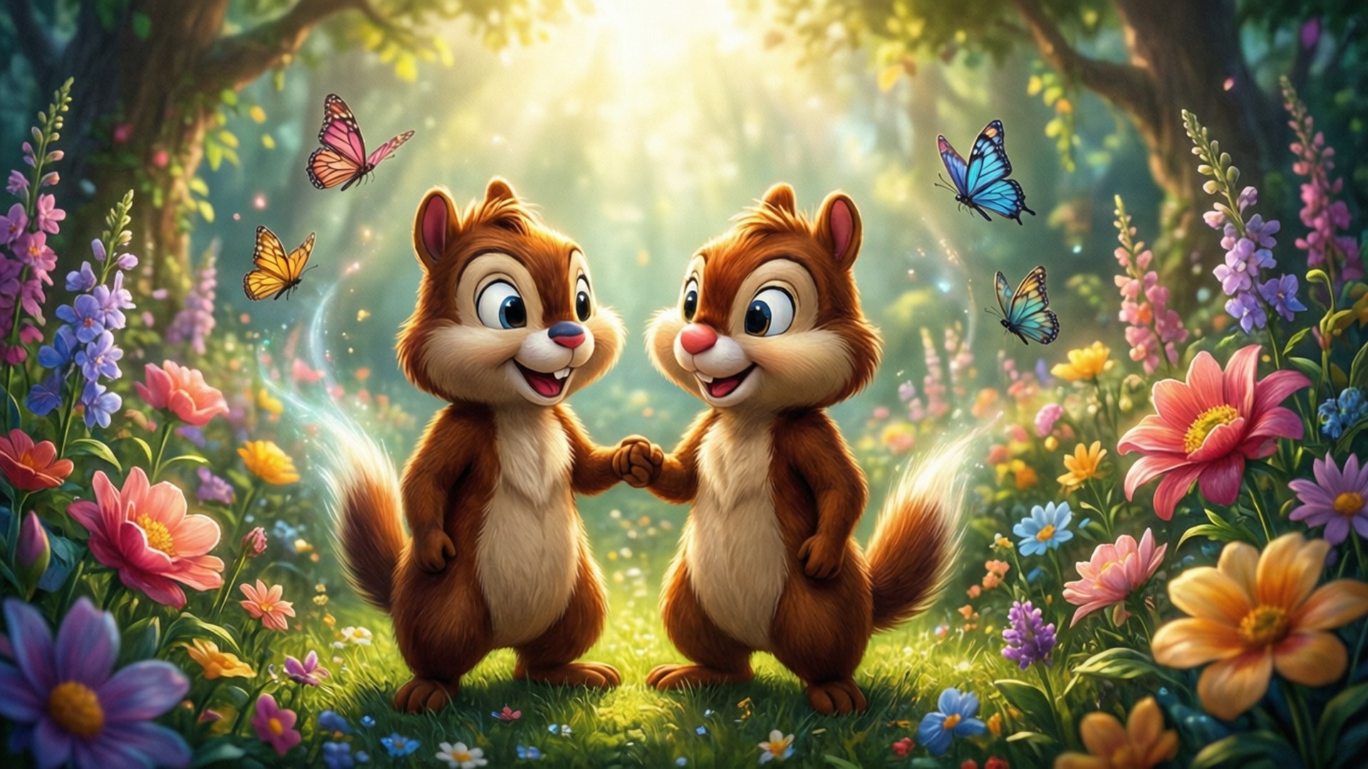 Garden of Eden Chipmunks 壁紙 — 兩隻開心的卡通花栗鼠在陽光明媚的草地上手牽手，草地上開滿了色彩繽紛的花朵和翩翩起舞的蝴蝶。