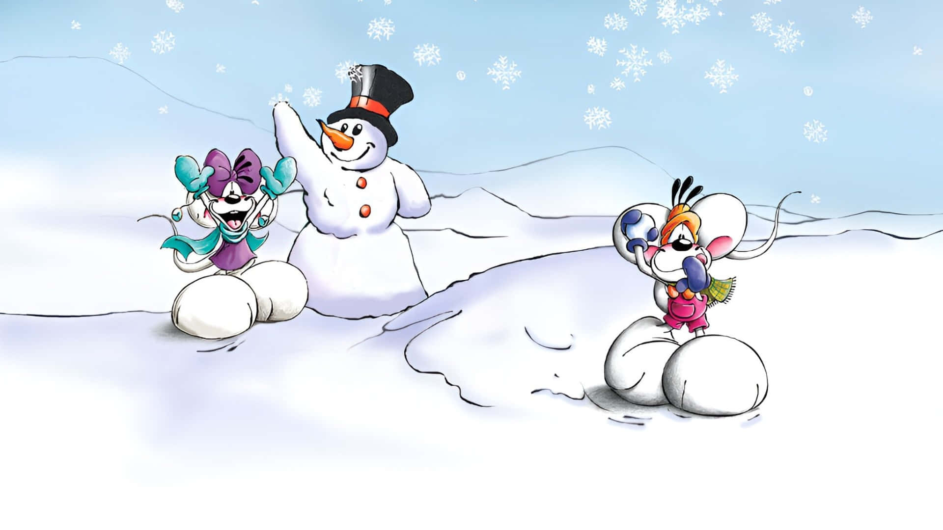  壁紙 — 兩隻快樂的卡通老鼠在飄雪的冬日雪景中頑皮地堆雪人。