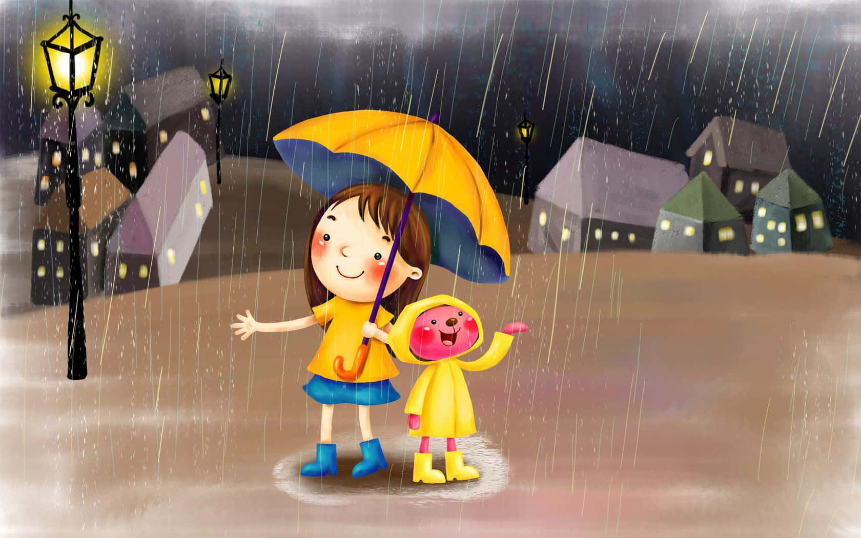  壁紙 — 兩個穿著黃色雨衣的快樂小孩在明亮的雨傘下跳舞，雨點落在一個舒適的夜晚街道上，燈籠閃爍著光芒。