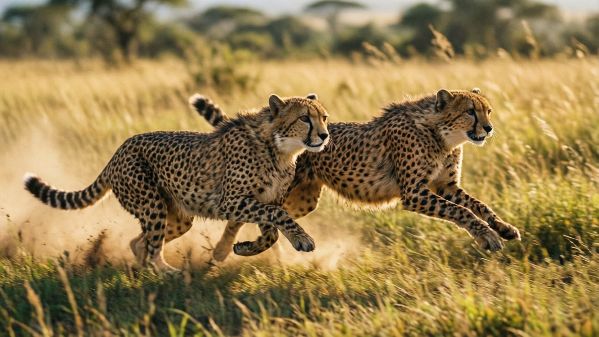Cheetahs in Action 壁紙 — 兩隻獵豹在陽光照耀的稀樹草原上穿過金色草地，揚起塵土。