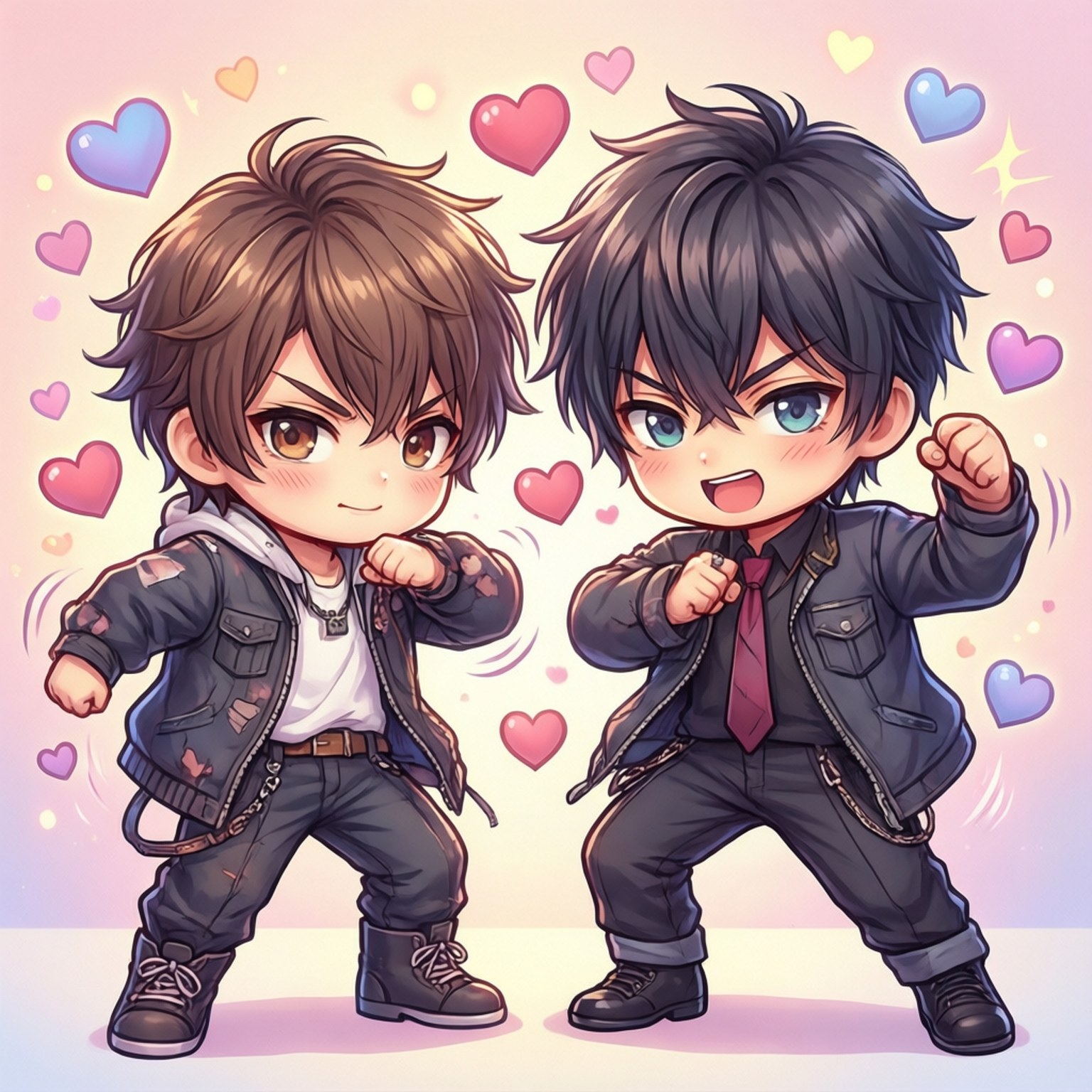 Chibi Love 壁紙 — 兩個穿著外套的Q版動畫男孩在粉彩漸變背景上自信地擺姿勢，周圍漂浮著愛心。