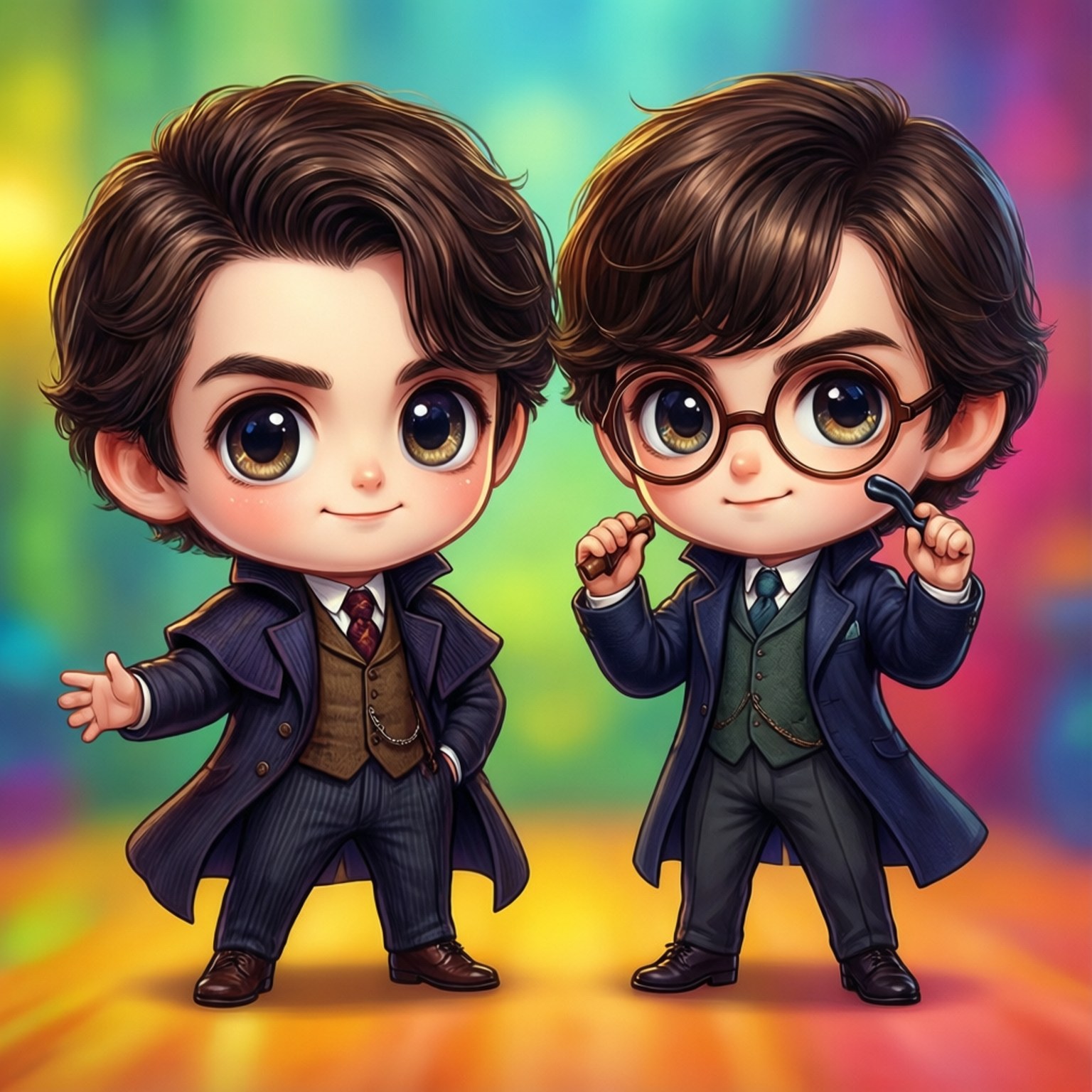 Chibi Moriarty Crew 壁紙 — 兩個Q版風格的男孩穿著正式西裝，站在充滿活力的彩虹漸變背景前。