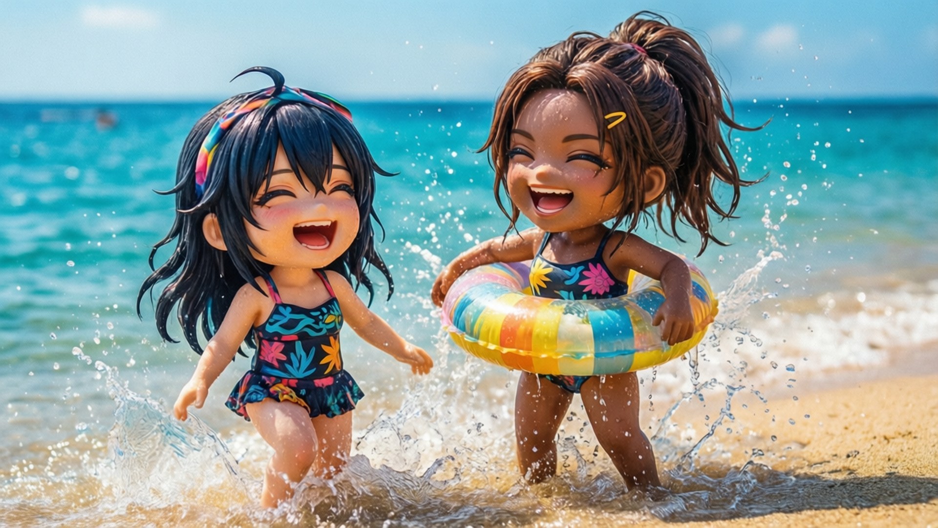 Beach Fun Splash 壁紙 — 兩個Q版風格女孩在陽光明媚的海灘上嬉戲，歡笑著在海浪中潑水。