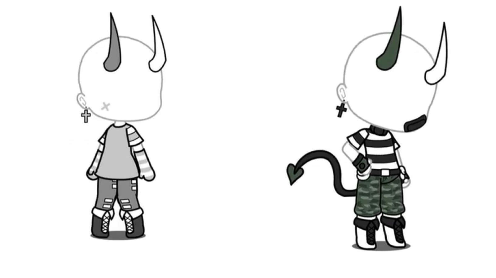  壁紙 — 兩個Q版惡魔角色，有角和尾巴，身穿灰階服裝並排站立。