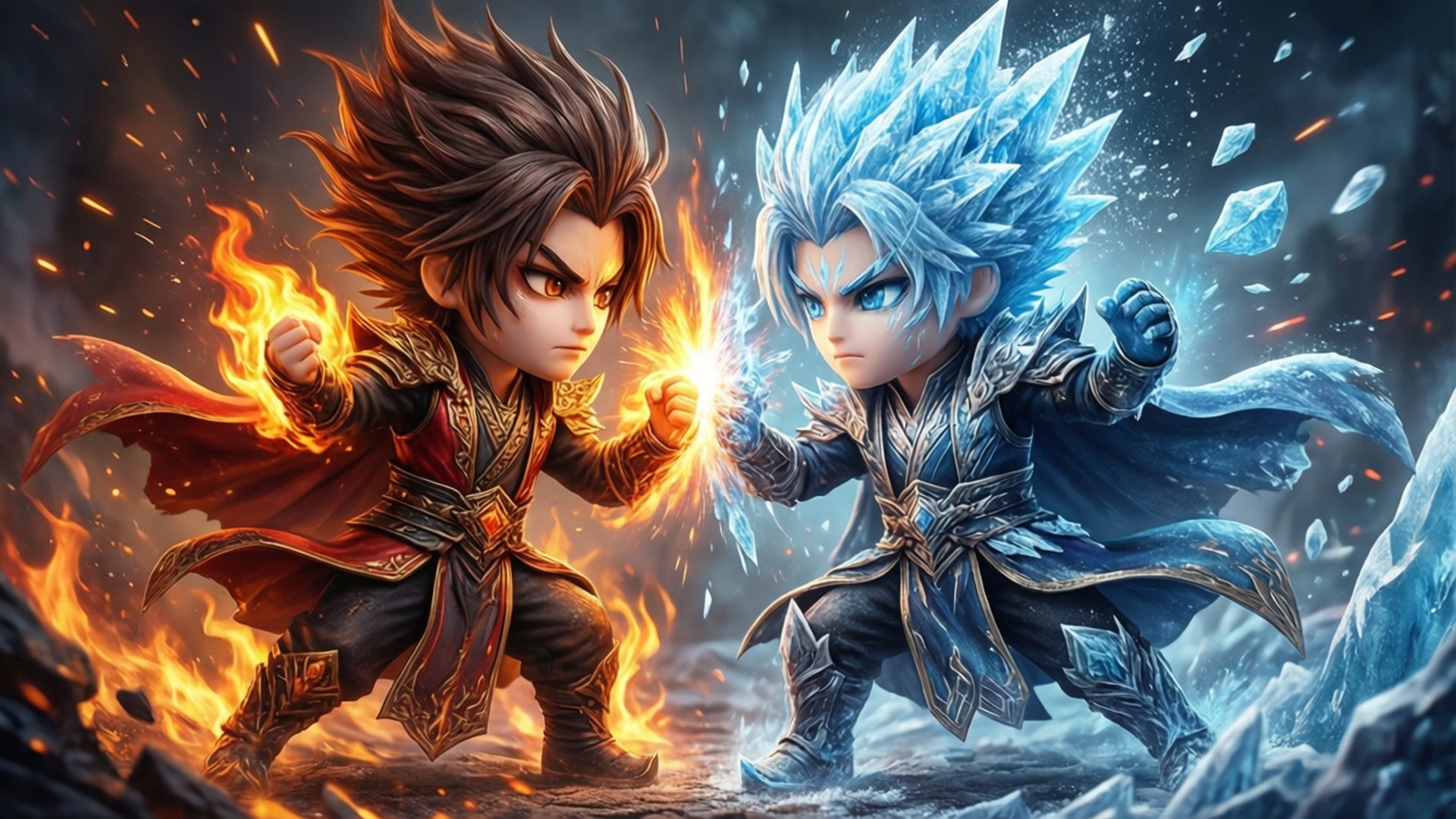 Fire vs Ice 壁紙 — 兩個Q版戰士以火與冰碰撞，拳頭發光，火花在黑暗風暴背景下飛舞。