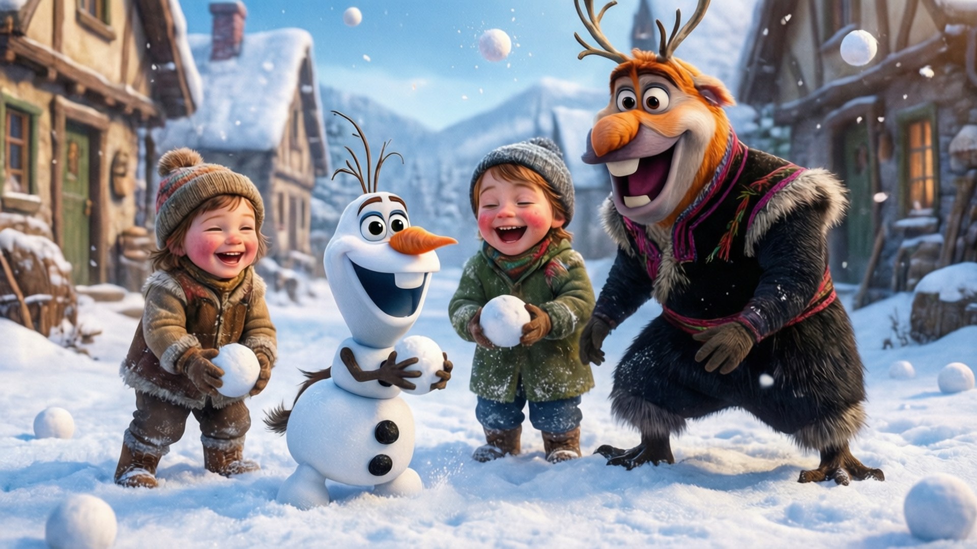 Playful Snow Day 壁紙 — 兩個孩子和一隻馴鹿在雪村街道上與雪人奧拉夫開心地打雪仗。