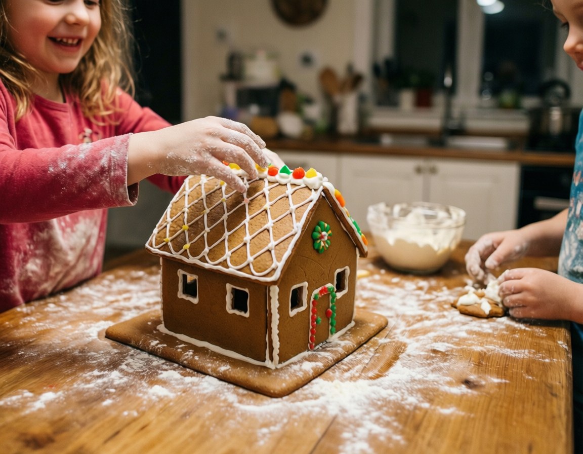 Baking Gingerbread House 壁紙 — 兩個孩子在灑滿麵粉的木桌上用糖霜和糖果裝飾薑餅屋。
