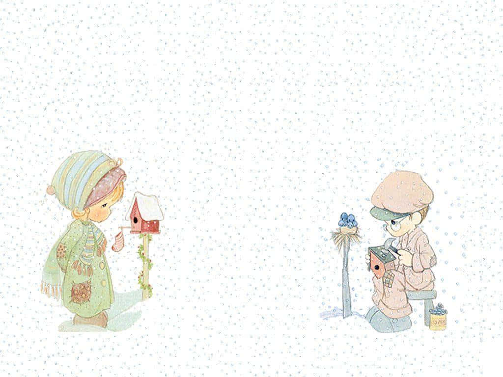  壁紙 — 兩個穿著舒適冬裝的孩子在柔和的雪景背景下輕輕地與鳥屋和鳥巢互動。