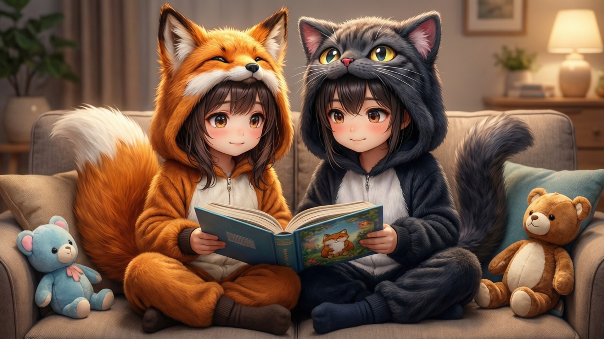 Furry Friends Reading 壁紙 — 兩個穿著狐狸和貓連帽衫的孩子坐在沙發上讀書，旁邊有毛絨玩具。