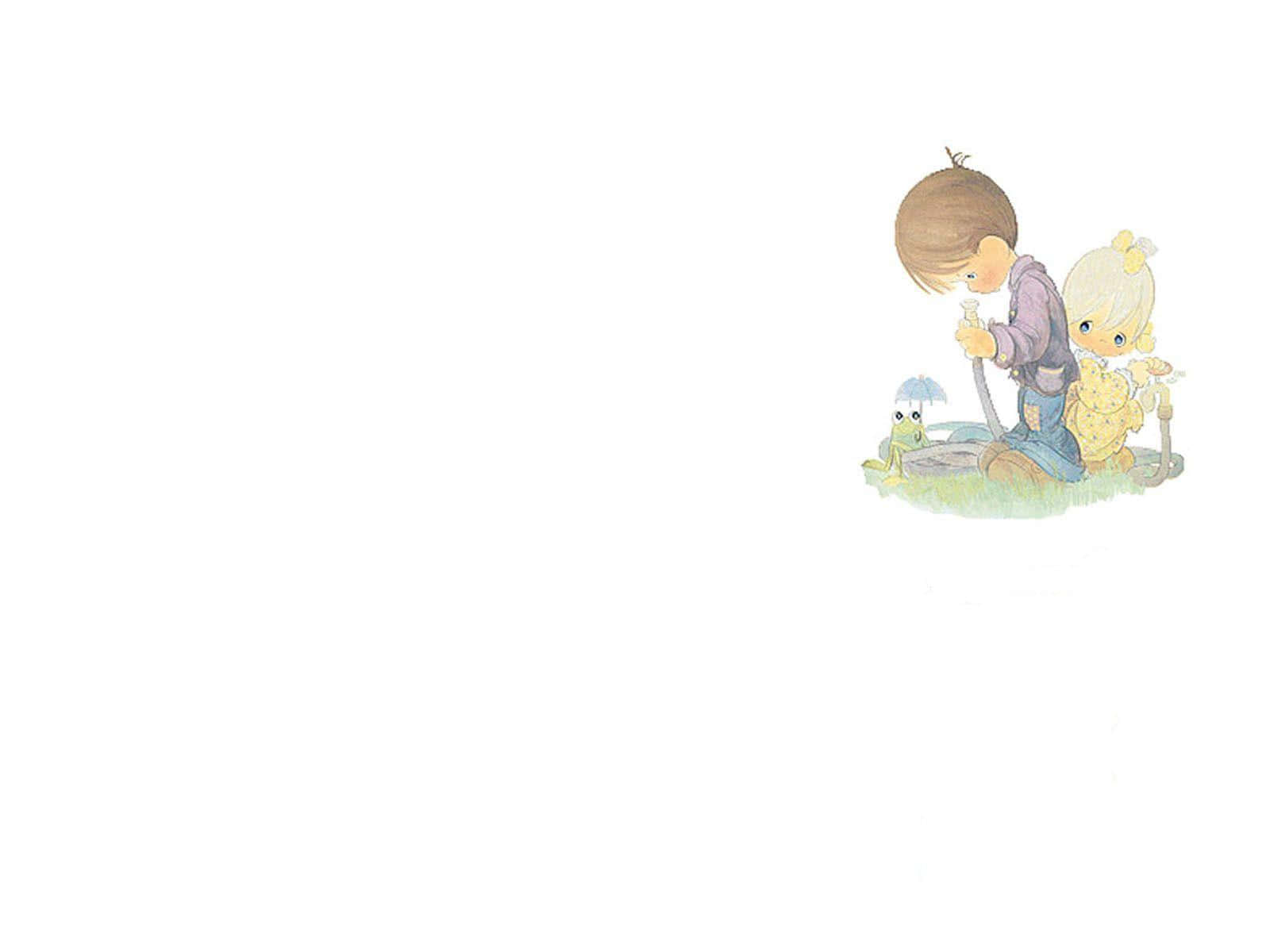 壁紙 — 兩個穿著柔和粉彩的孩子跪在一隻小青蛙旁邊，這是一幅溫柔的水彩插圖。