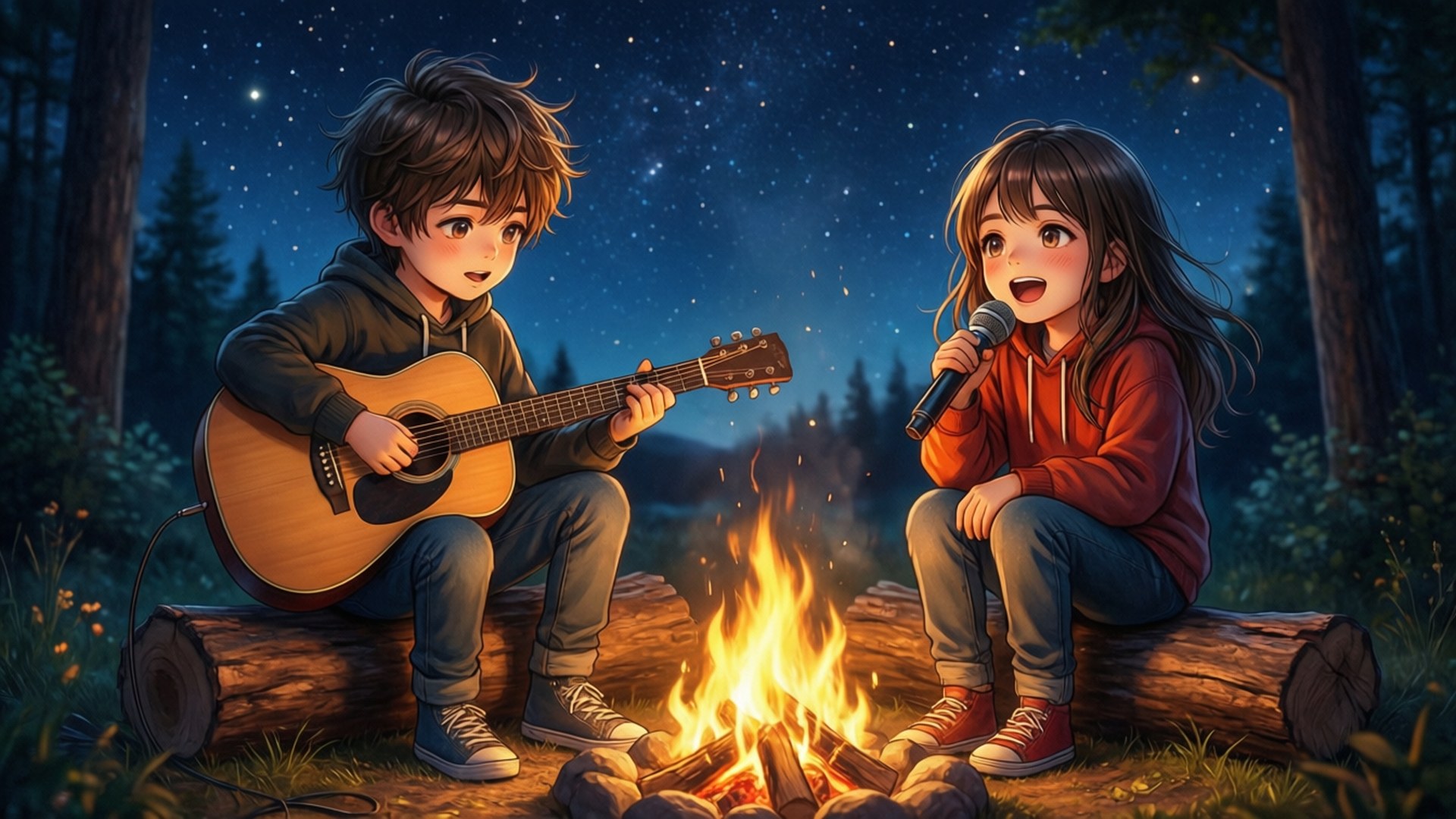 Campfire Jam 壁紙 — 兩個孩子坐在營火旁，在星空下，一個彈吉他，另一個對著麥克風唱歌。