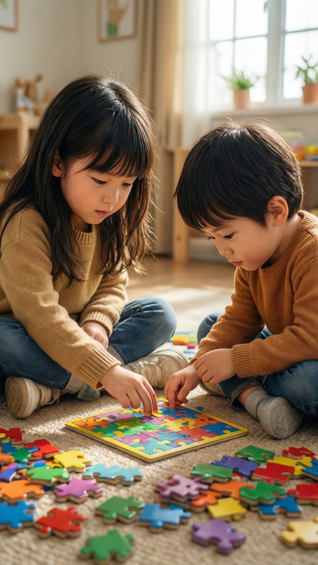 Daycare 桌布 壁紙 — 兩個孩子坐在鋪有地毯的地板上，專注地一起拼裝一個彩色木製拼圖。