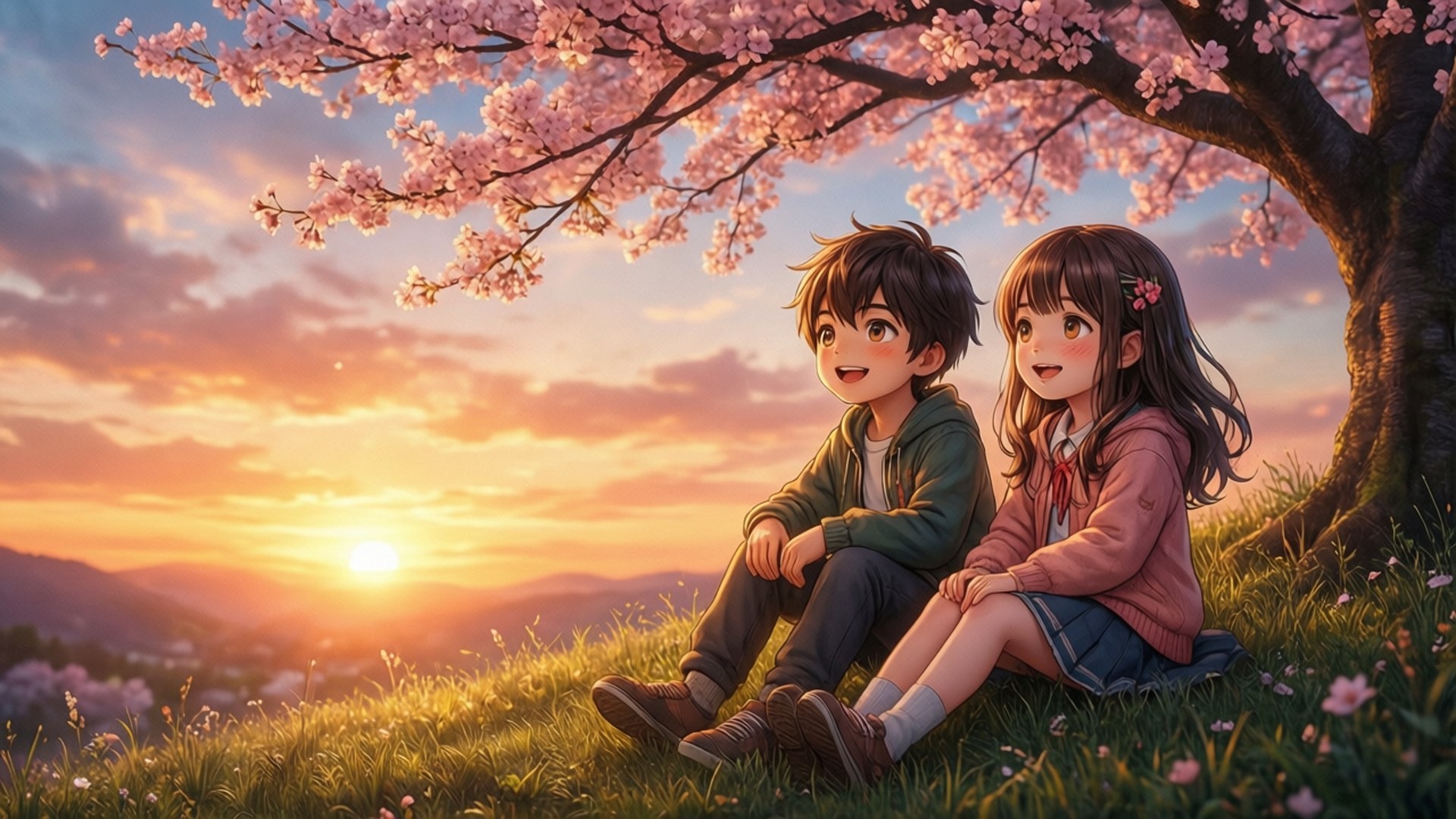 Cherry Blossom Sunset Kids 壁紙 — 兩個孩子坐在盛開的櫻花樹下，夕陽在起伏的山丘上落下，灑下溫暖的金色光芒。