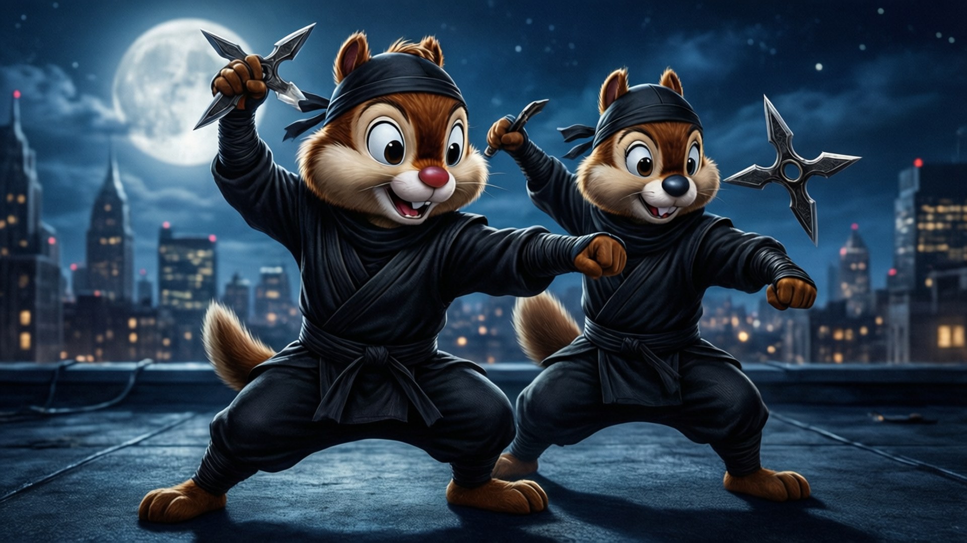 Ninja Chipmunks Night Mission 壁紙 — 兩隻穿著黑色服裝的花栗鼠忍者，在滿月下於屋頂上投擲手裏劍，背後是城市天際線。