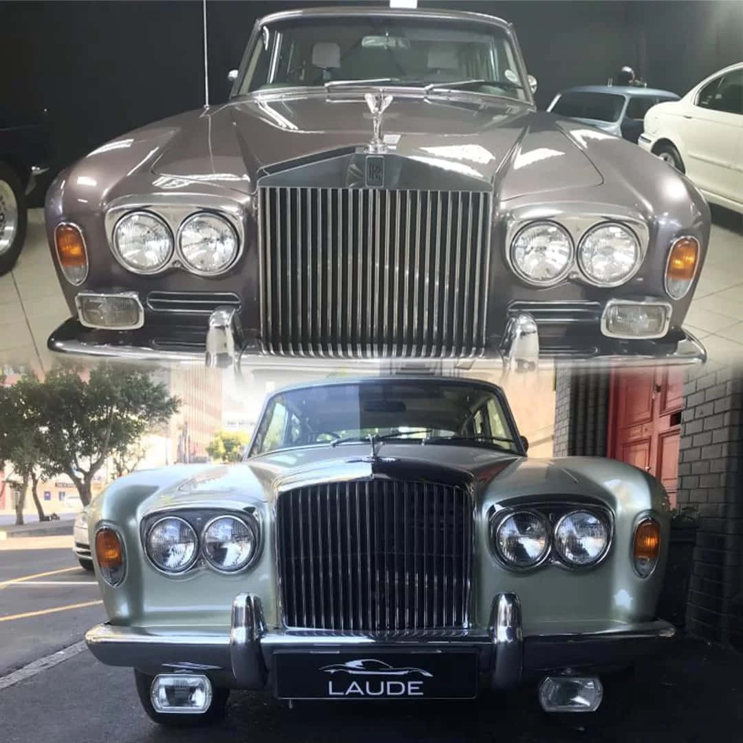 Bentley T1 桌布 壁紙 — 兩輛經典勞斯萊斯銀影汽車，金屬灰色和鼠尾草綠色，以分割畫面展示。