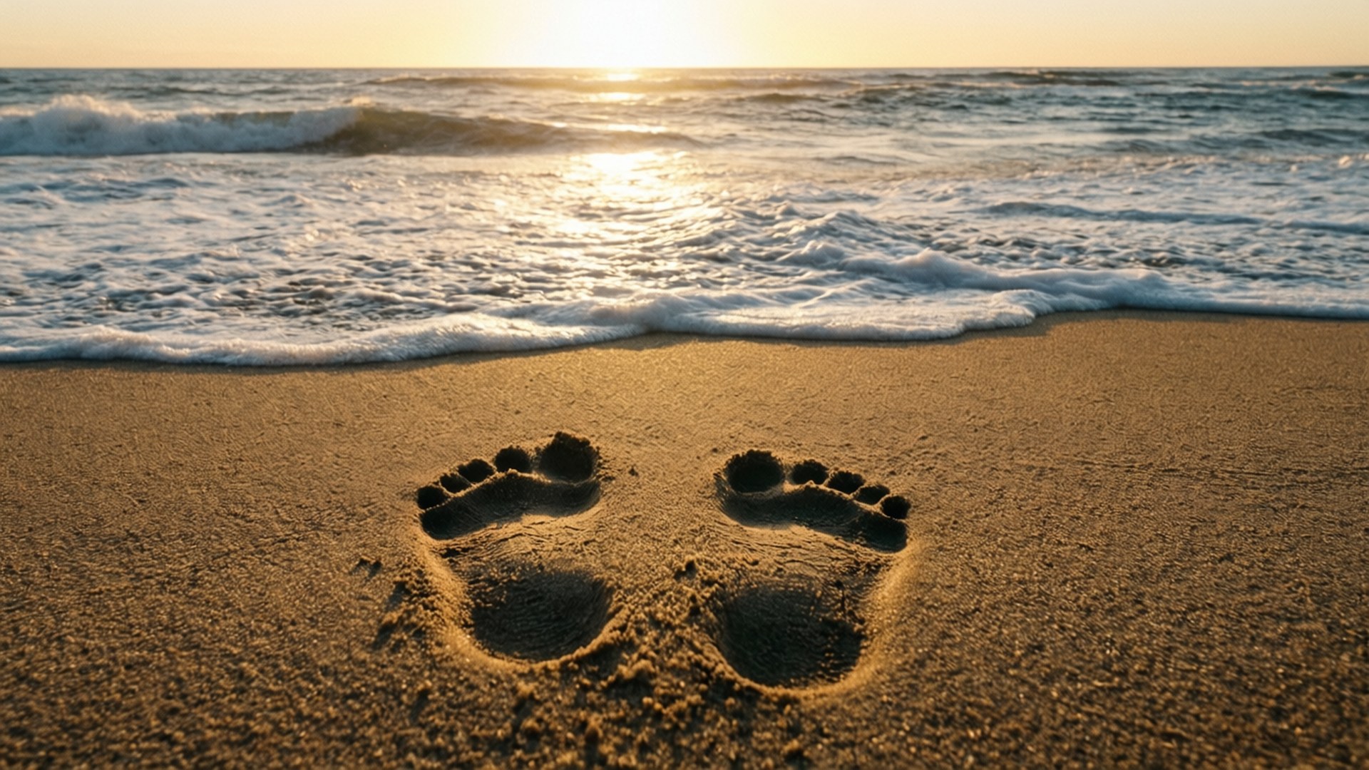 想念你 桌布 壁紙 — 夕陽下金色沙灘上兩個清晰的腳印，溫柔的海浪向岸邊翻滾。