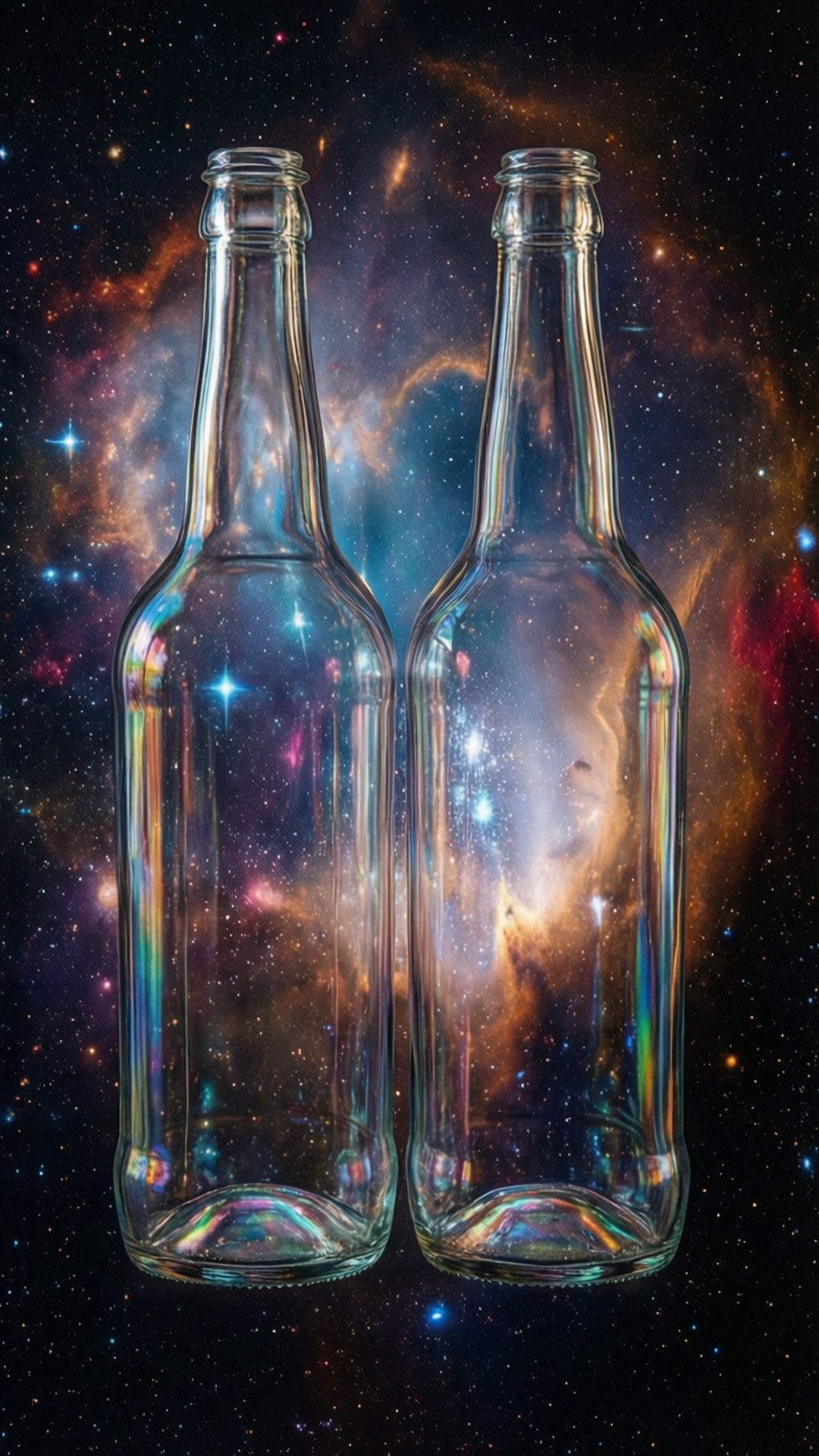 Side By Side 桌布 壁紙 — 兩個透明玻璃瓶矗立在充滿旋轉恆星和發光氣體的充滿活力的宇宙星雲前。