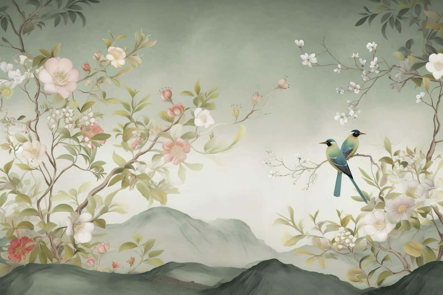  壁紙 — 兩隻色彩繽紛的鳥兒棲息在盛開的樹枝上，背景是柔和霧氣繚繞的山巒，點綴著精緻的花朵。