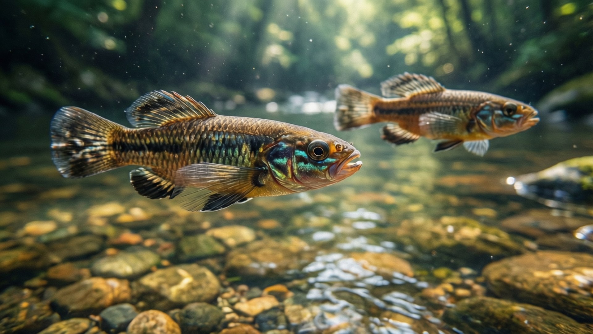 Darter 桌布 壁紙 — 兩條色彩繽紛的小魚在森林溪流中，優雅地游過陽光照射的鵝卵石上方的清澈淺水。