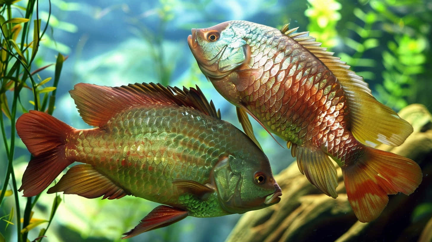  壁紙 — 兩條色彩繽紛的熱帶魚在陽光照射的水族箱中，於茂盛的綠色水生植物間優雅地游動。