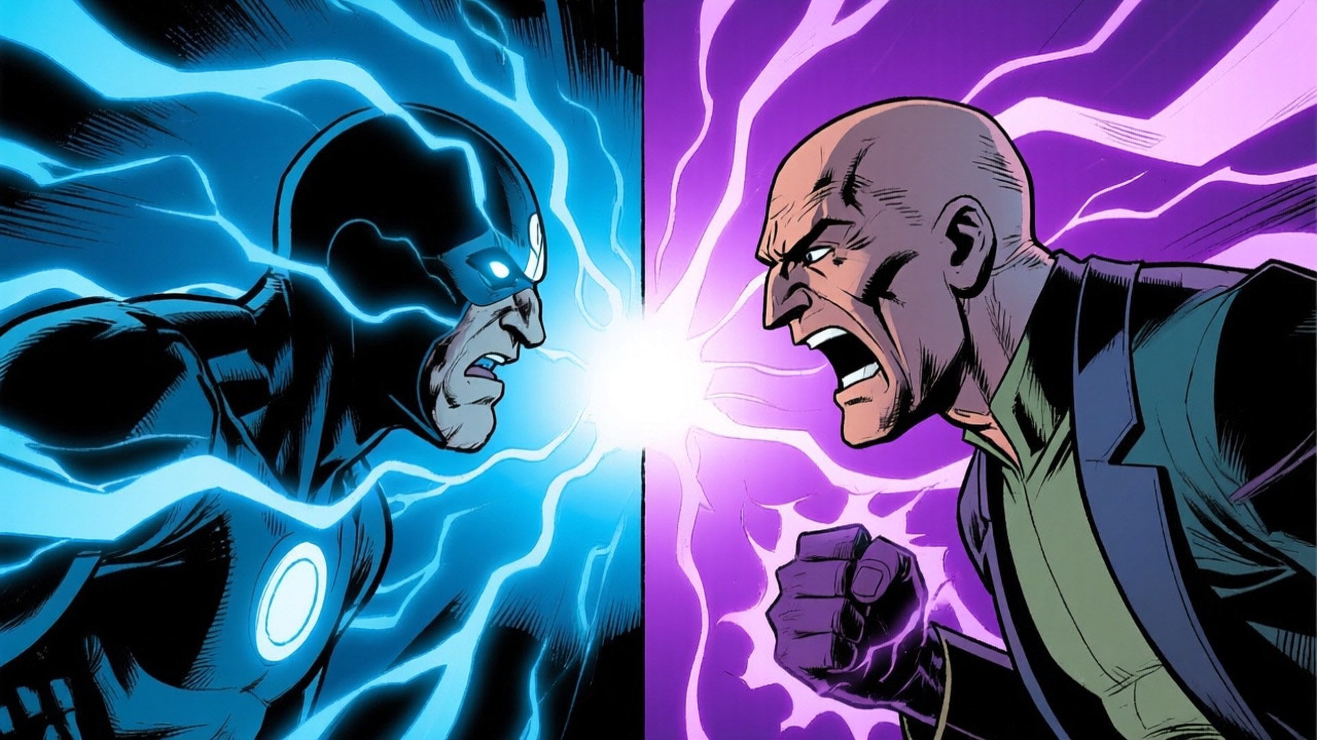 Magneto vs Professor X 壁紙 — 兩位漫畫英雄在動態戰鬥中碰撞，藍色和紫色能量在他們之間劈啪作響。