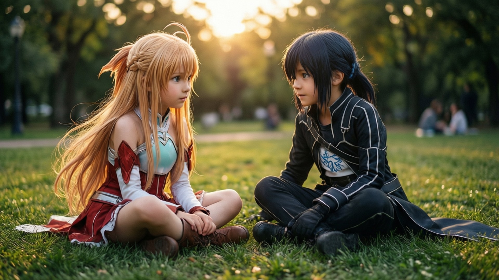 Childhood Memories 壁紙 — 兩位穿著精緻動漫服裝的角色扮演者，在金色夕陽下盤腿坐在草地上，面對面。