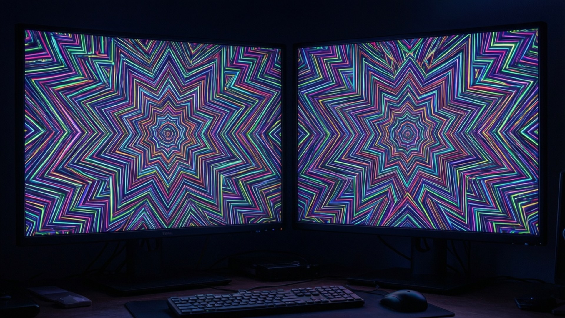 Neon Kaleidoscope 壁紙 — 兩部曲面顯示器在黑暗房間中顯示充滿活力的迷幻星爆圖案，採用霓虹色彩。