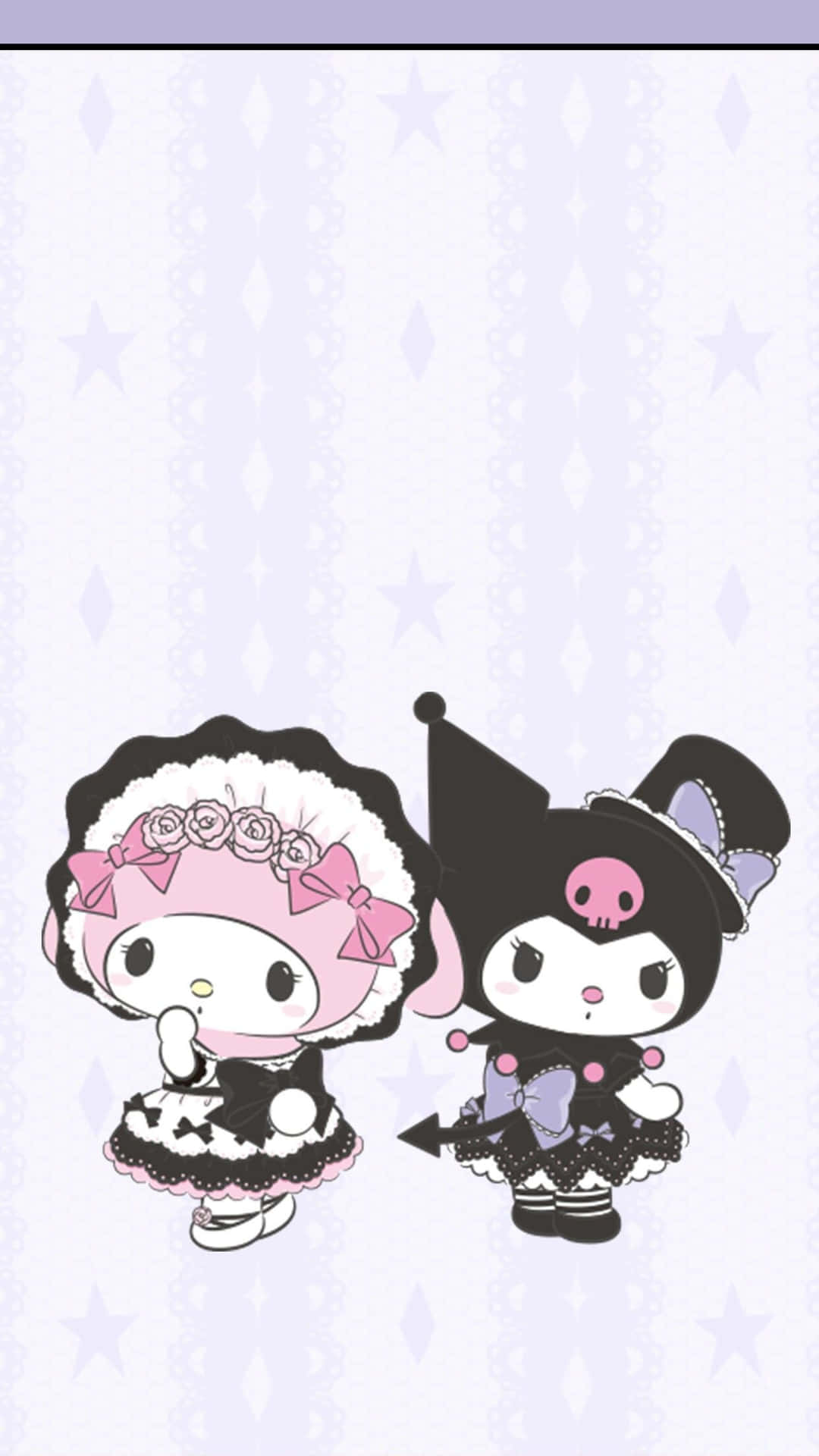 My Melody 和 Kuromi 穿著哥德式蘿莉塔服裝在星空壁紙上。 — Sanrio 壁紙