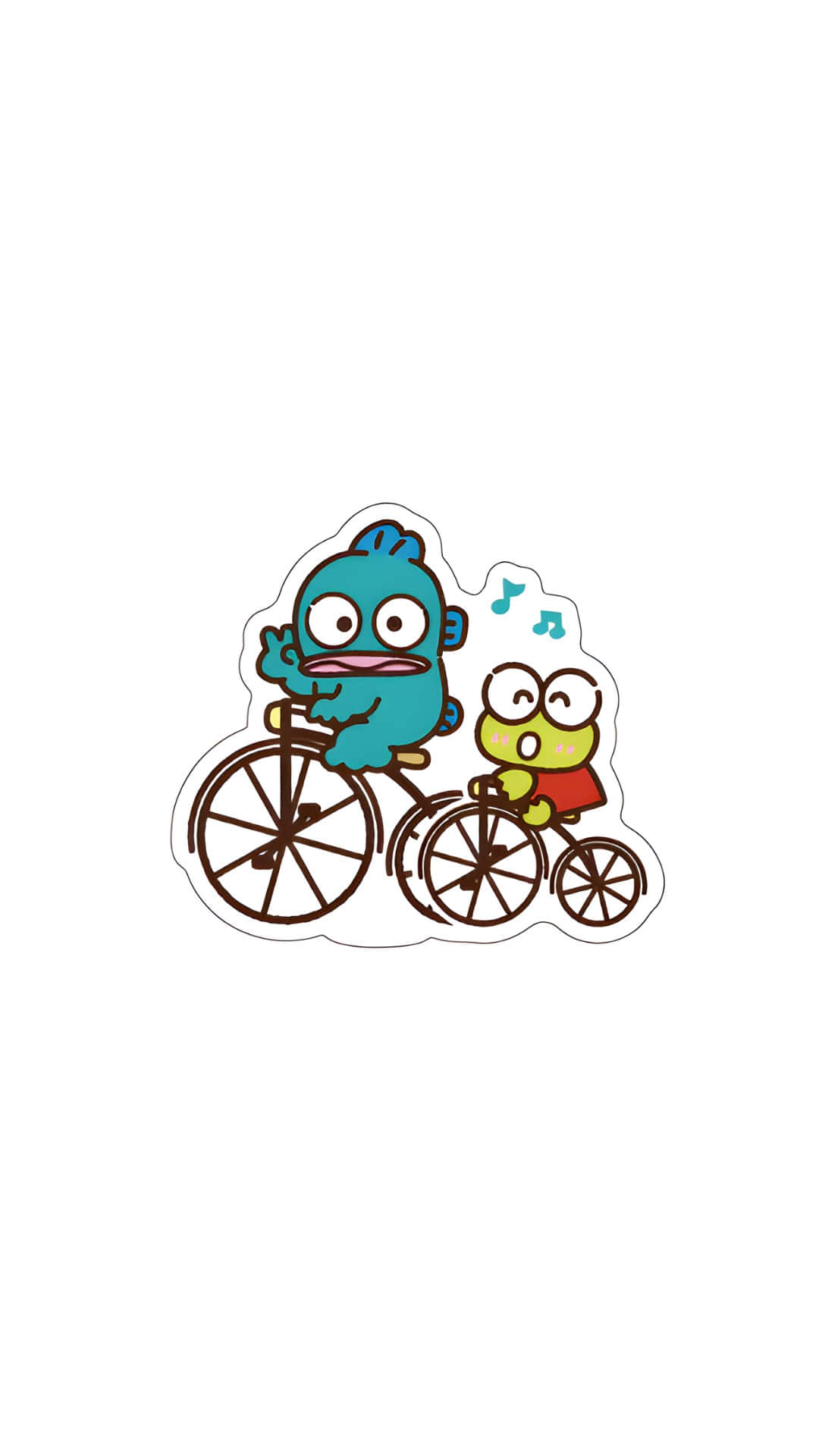  壁紙 — 兩隻可愛的卡通鳥騎著雙人自行車，音符在它們上方飄浮。