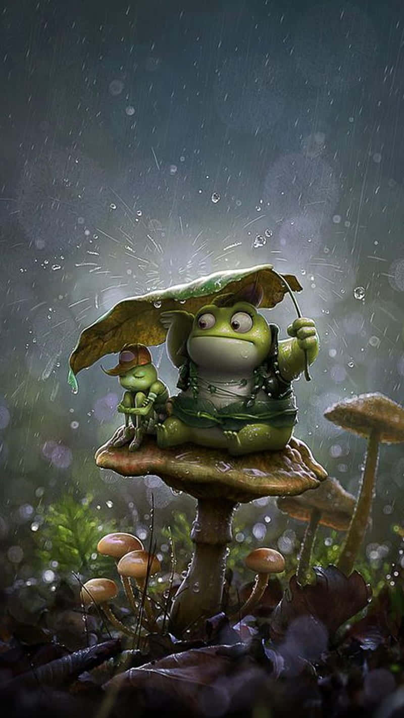  壁紙 — 兩隻可愛青蛙坐在巨型蘑菇上，拿著樹葉傘，雨在迷霧森林中落下。