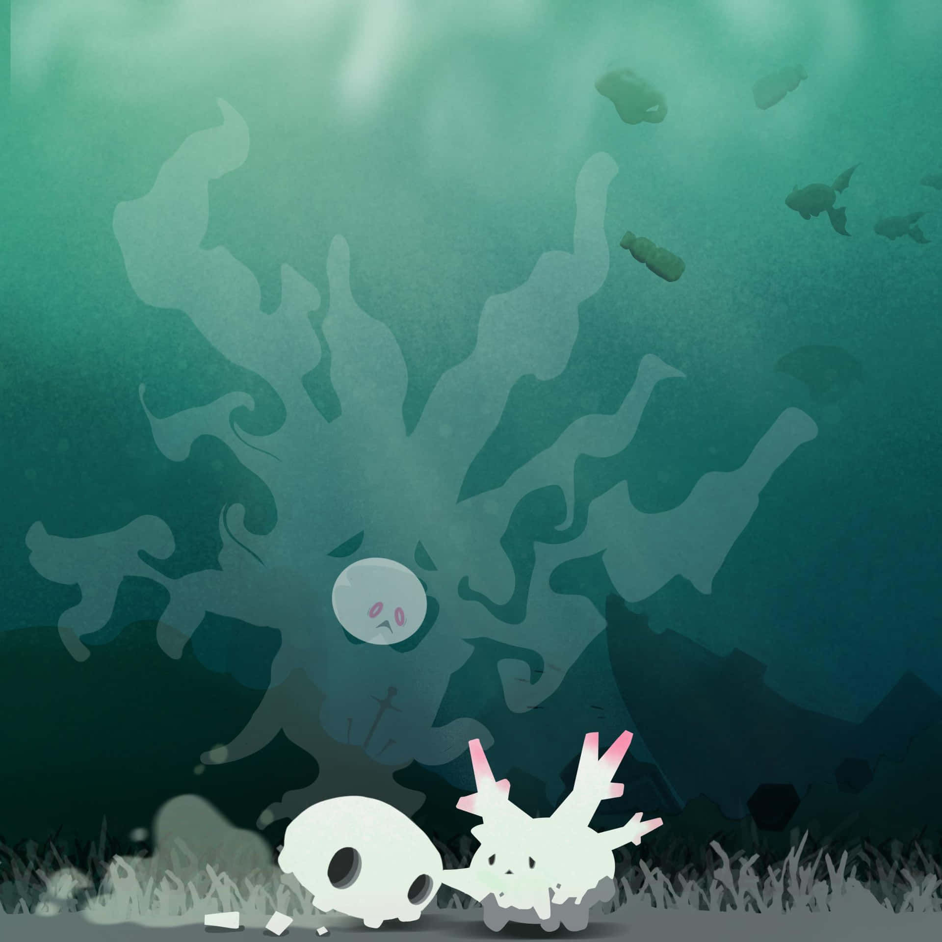 兩個幽靈生物在渾濁的水中，有瓶子和魚。 — 寶可夢 剑 盾 壁紙