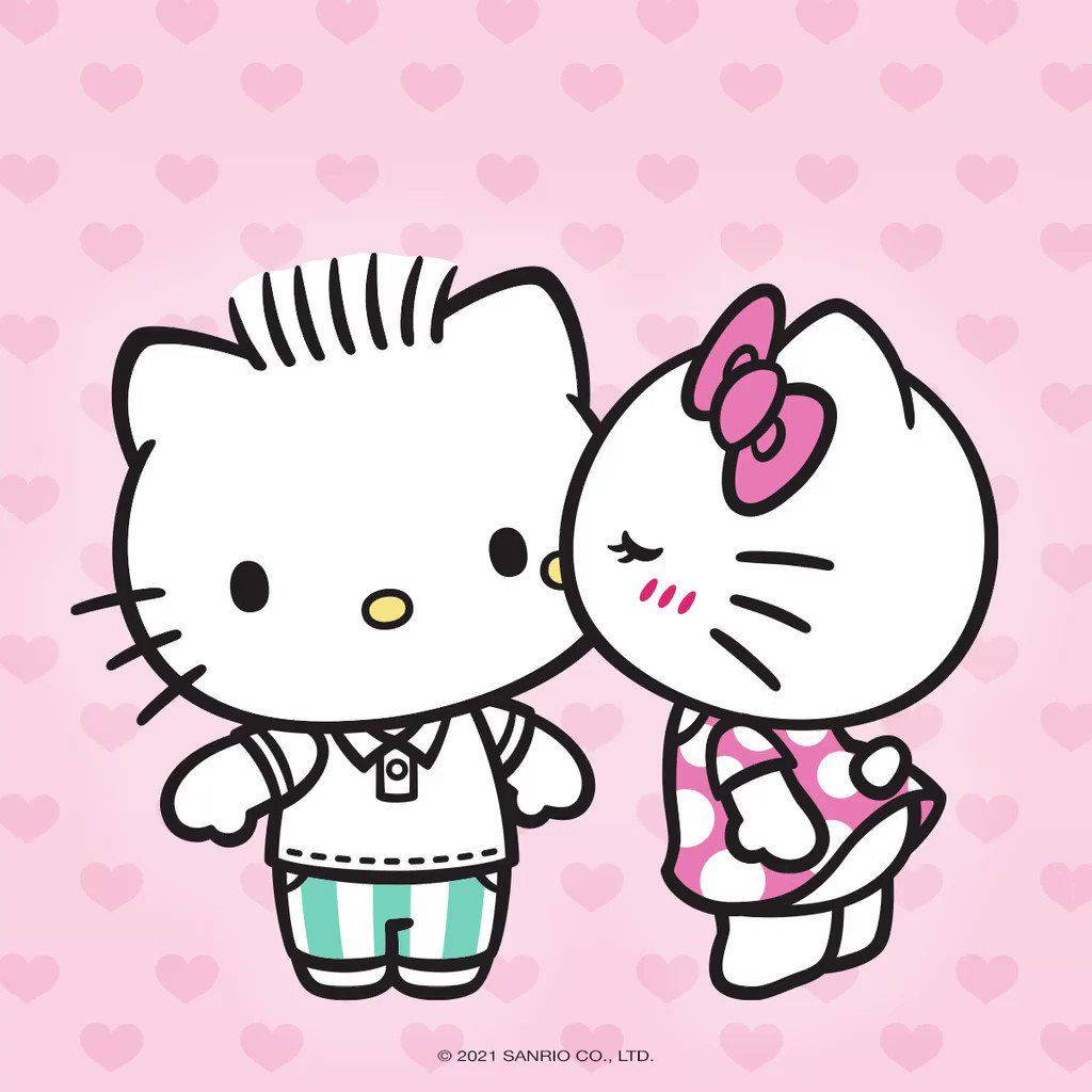 兩個Hello Kitty角色穿著睡衣在粉紅色心形背景上依偎。 — Hello Kitty 壁紙