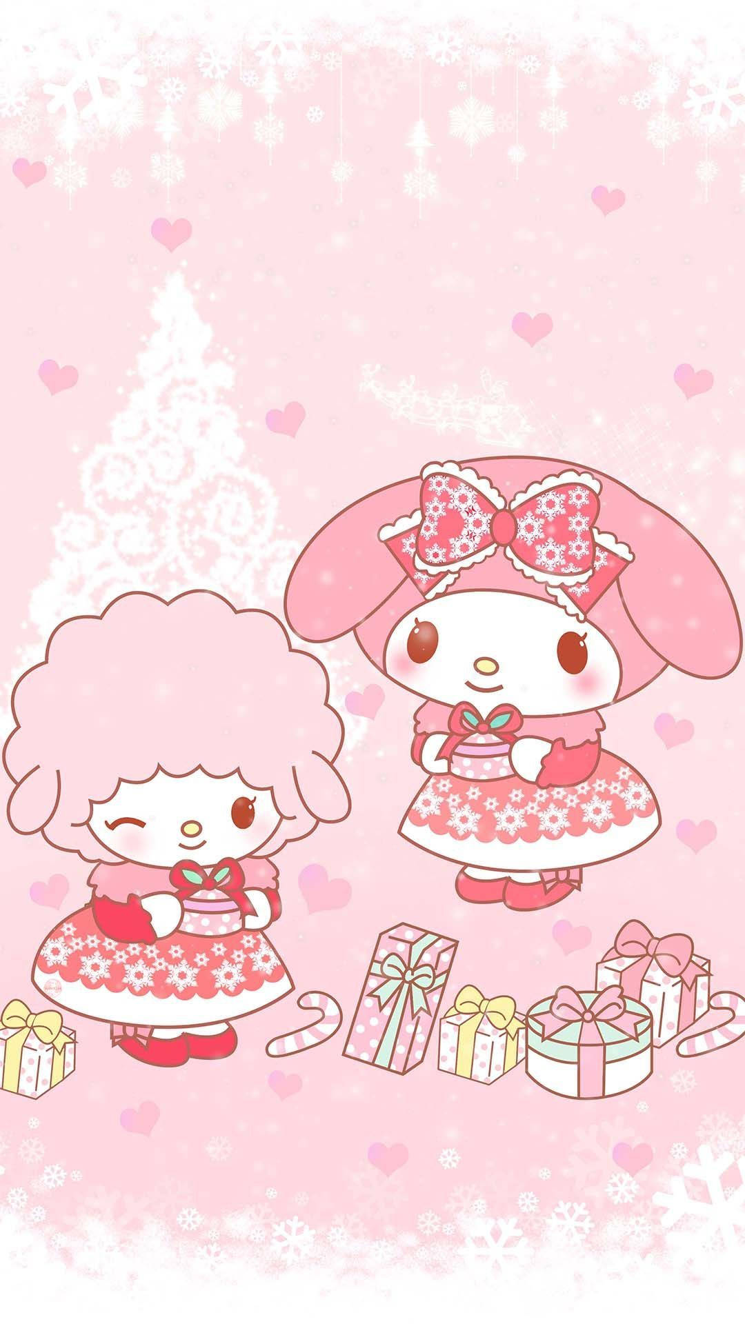 兩個穿著冬季服裝的卡通角色拿著禮物，周圍有雪花和心形。 — Sanrio 壁紙