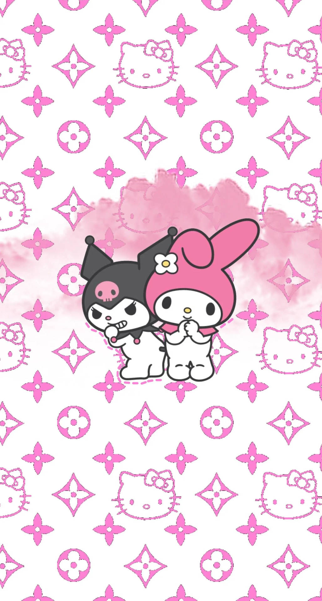 Kuromi和My Melody角色在粉紅色Hello Kitty圖案背景上。 — 庫洛米 壁紙