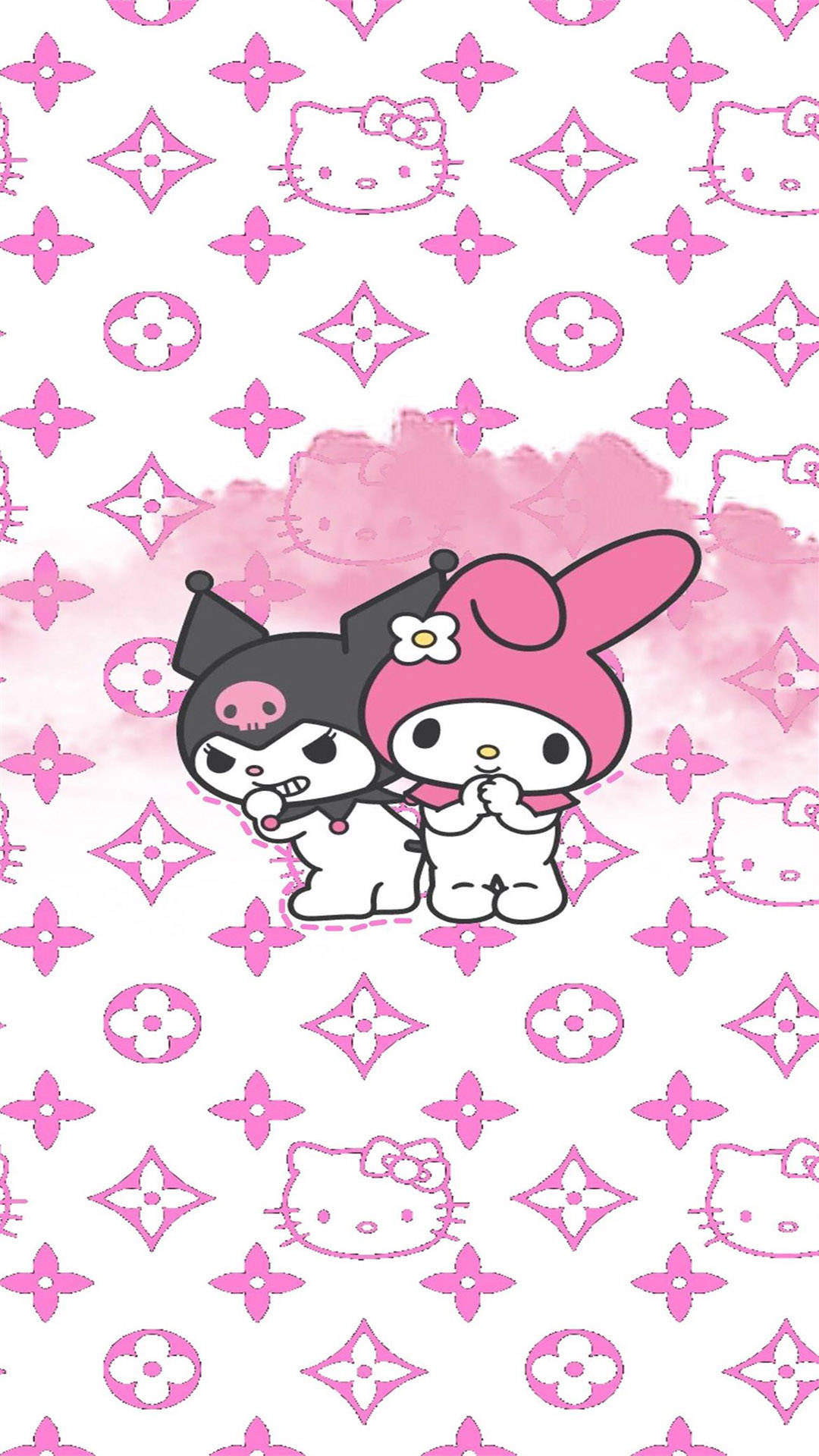 Kuromi和My Melody坐在粉紅色圖案背景上，帶有水彩潑濺。 — Hello Kitty 壁紙