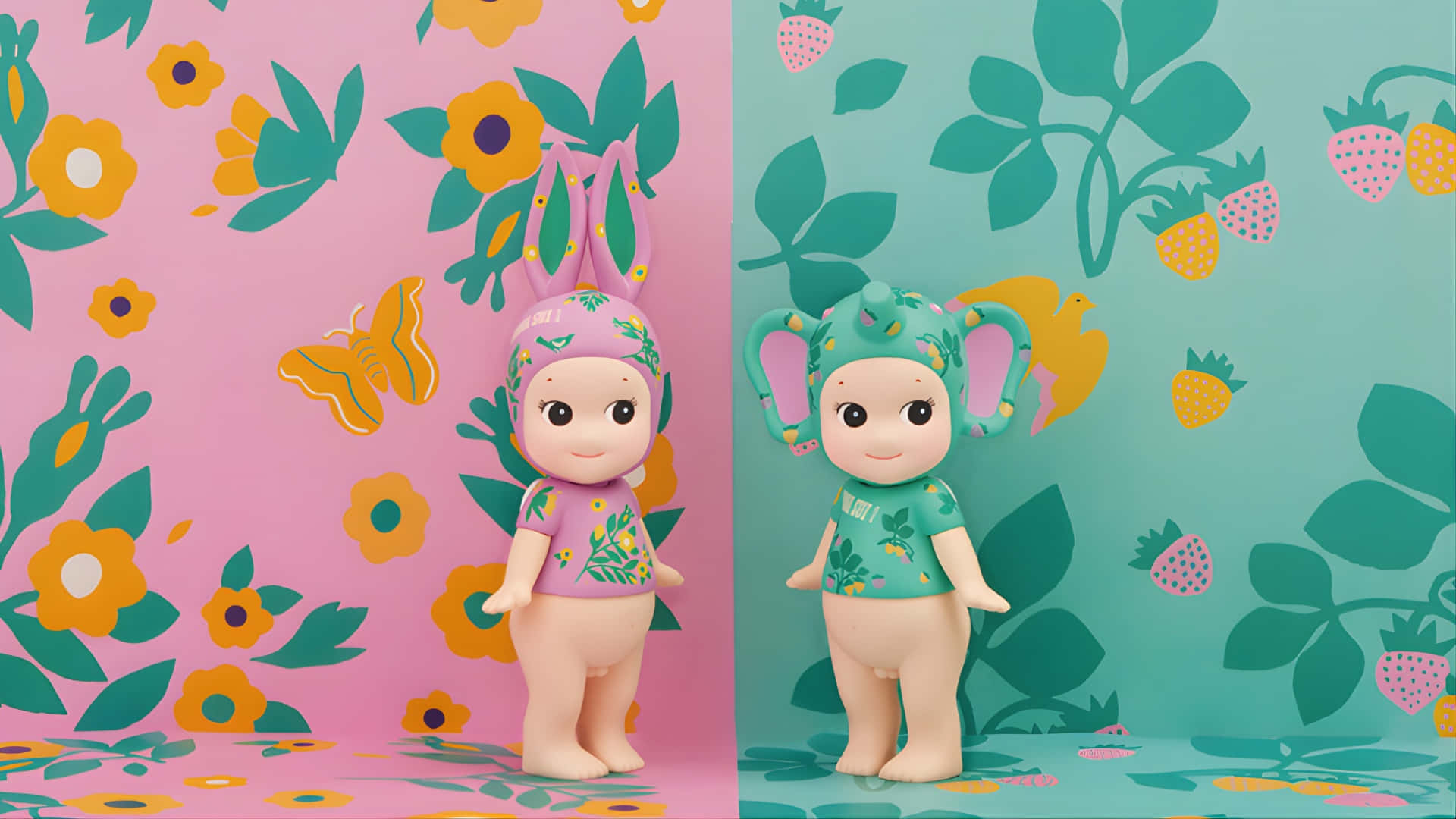  壁紙 — 兩個戴著花帽的可愛玩具公仔站在以花朵、草莓和蝴蝶裝飾的鮮豔粉紅和青綠色壁紙前。